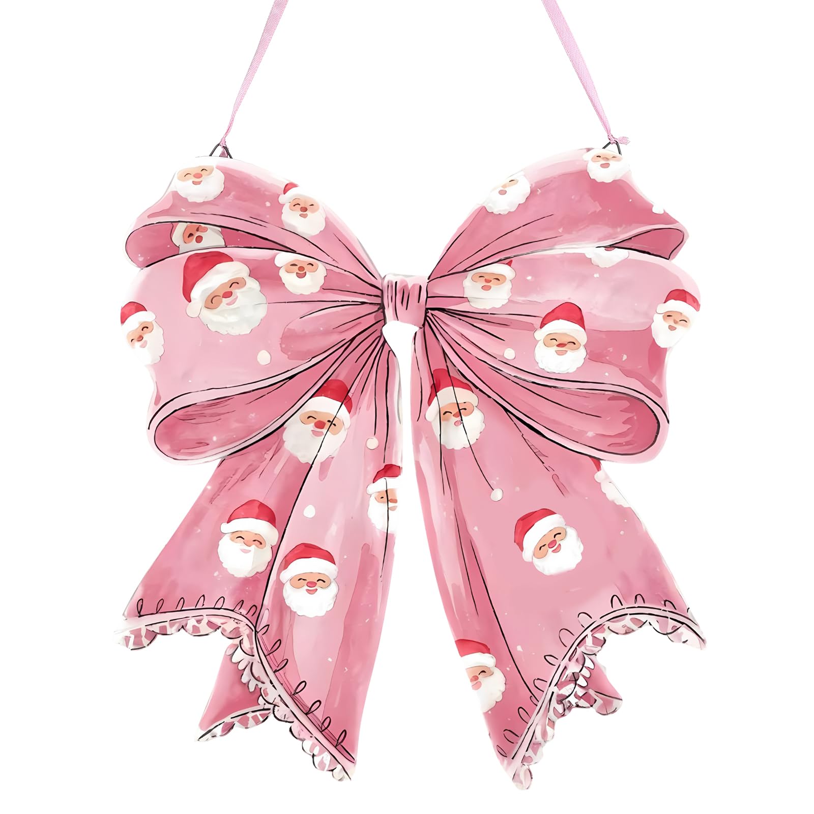 RattanView Santa Claus Pink Bow Wooden Hanging Sign Coquette Bow Wall Hanging Hanger Cute Christmas Preppy Wall Art Bowknot Welc