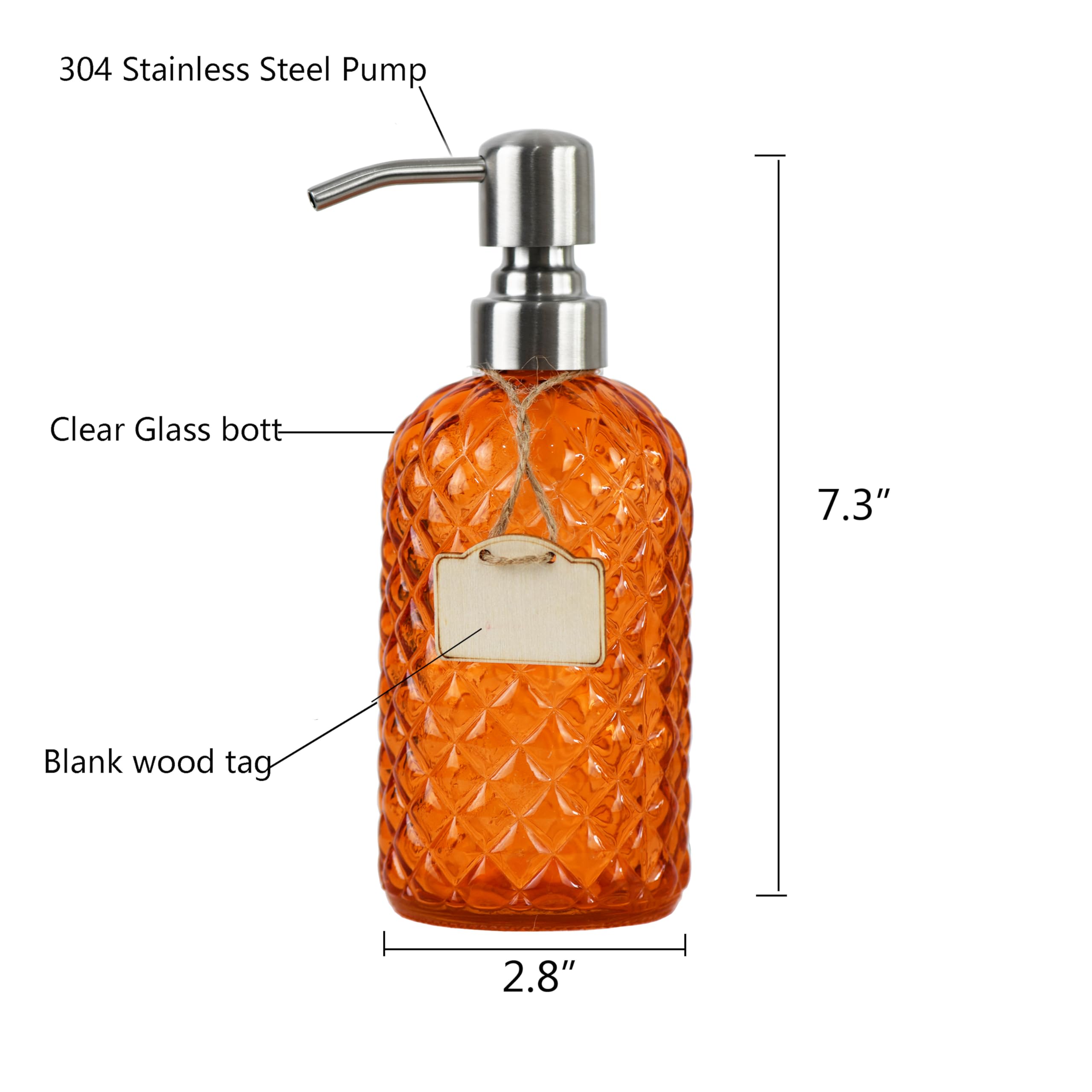 Bathroom & Kitchen Glass Hand And Dish Soap Dispenser With 304 Rustproof Stainless Steel Pump (Orange-2Pack)