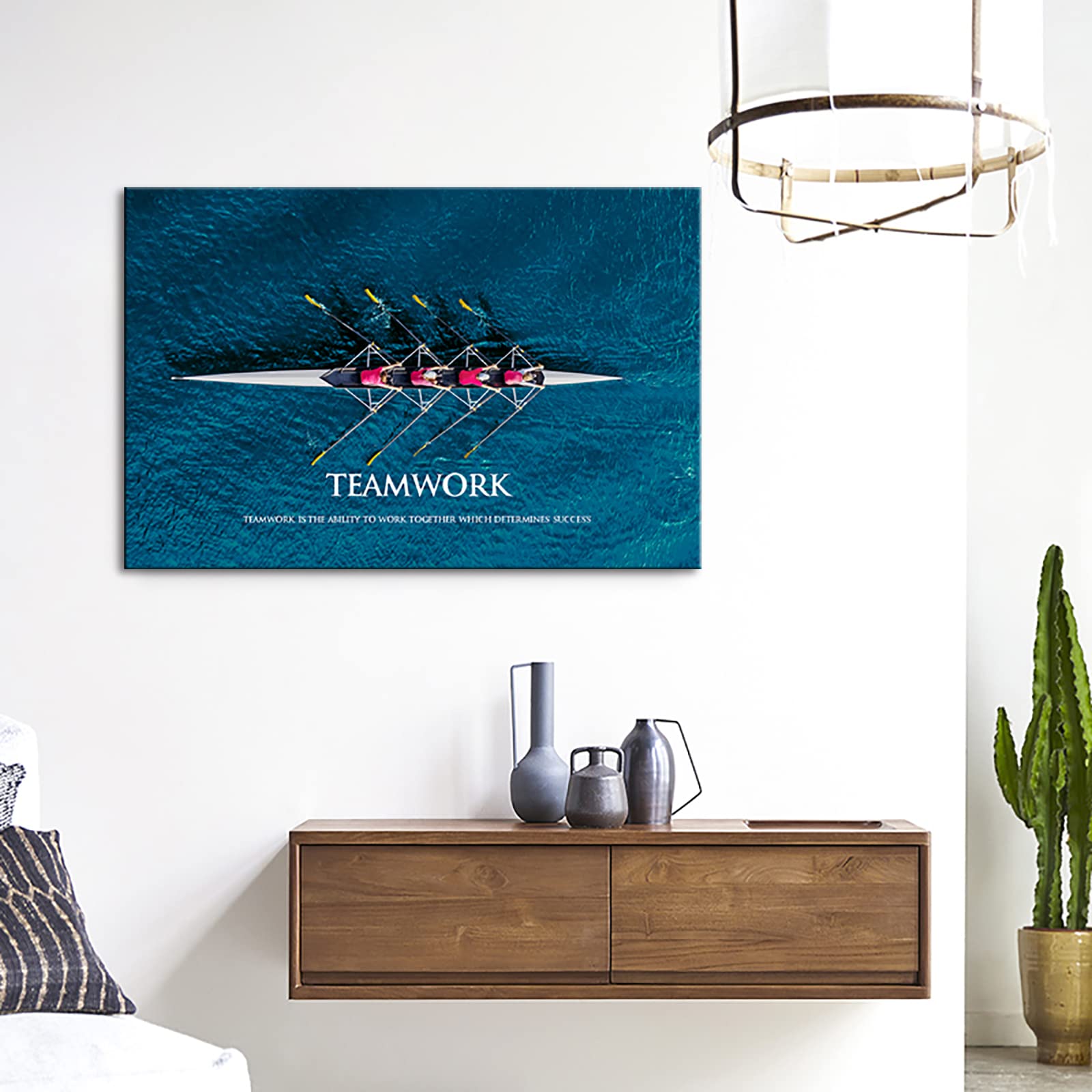 Klvos Inspirational Success Teamwork Canvas Wall Art Rowing Team On Blue Ocean Framed Motivational Self Positive Office Quotes P