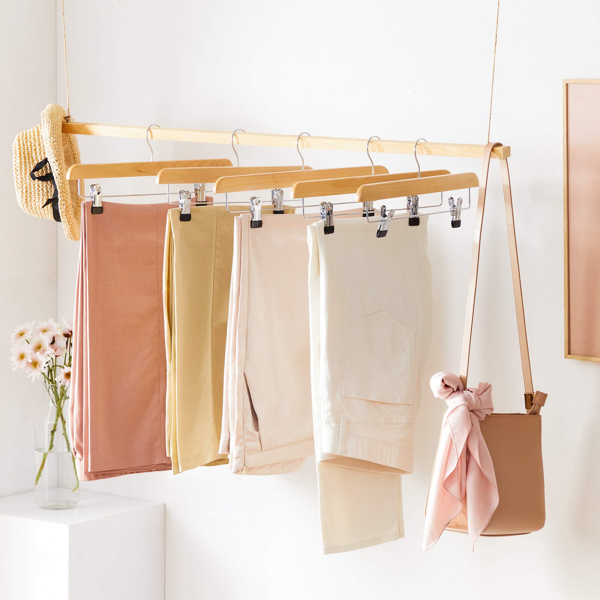 Songmics Wooden Pants Hangers 8 Pack, Pants Hangers With Adjustable Anti-Rust Metal Clips, 360 Swivel Hook, Skirt Hangers For Pa