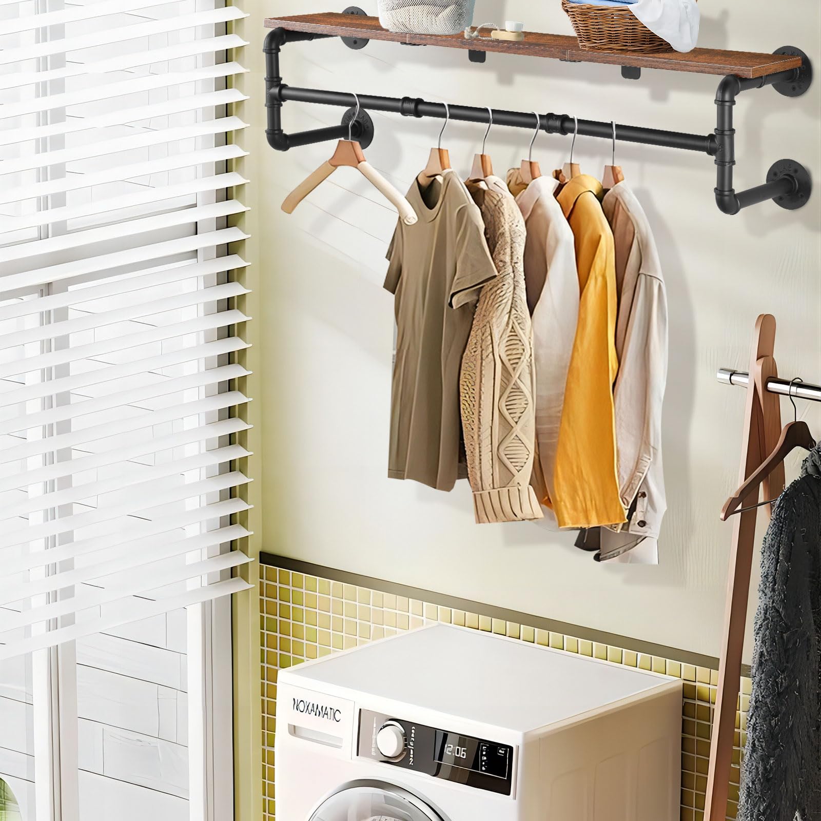 Yawinhe Industrial Pipe Clothing Rack With Shelves, Wall Mounted, Space Saving Closet Rod With 4 Bases, For Shops, Homes, 41.3''