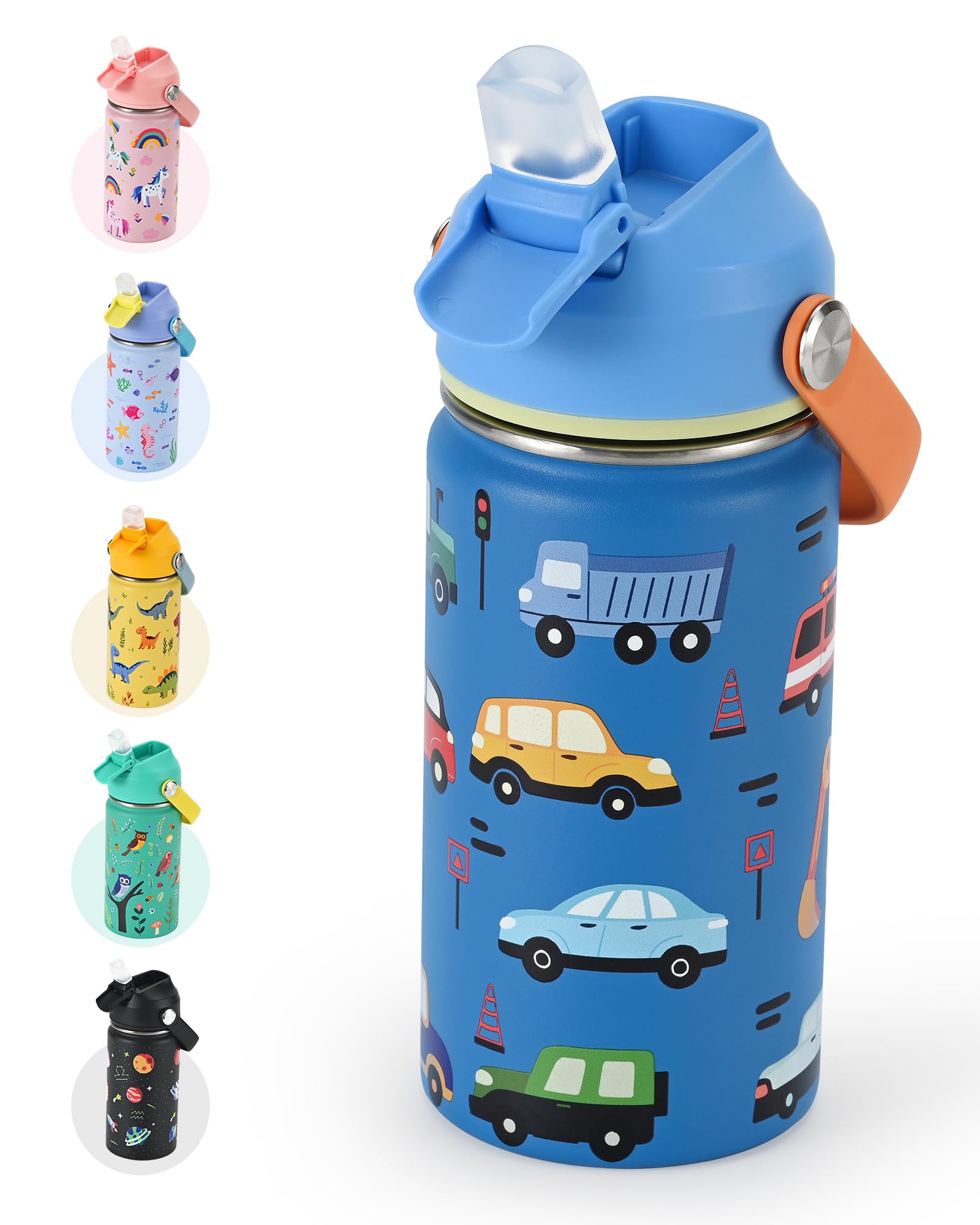 Kids Water Bottle 14oz with Silicone Straw Lid - Insulated Toddler Water Bottle Stainless Steel Keeps Cold 24H, Leak Proof & Car