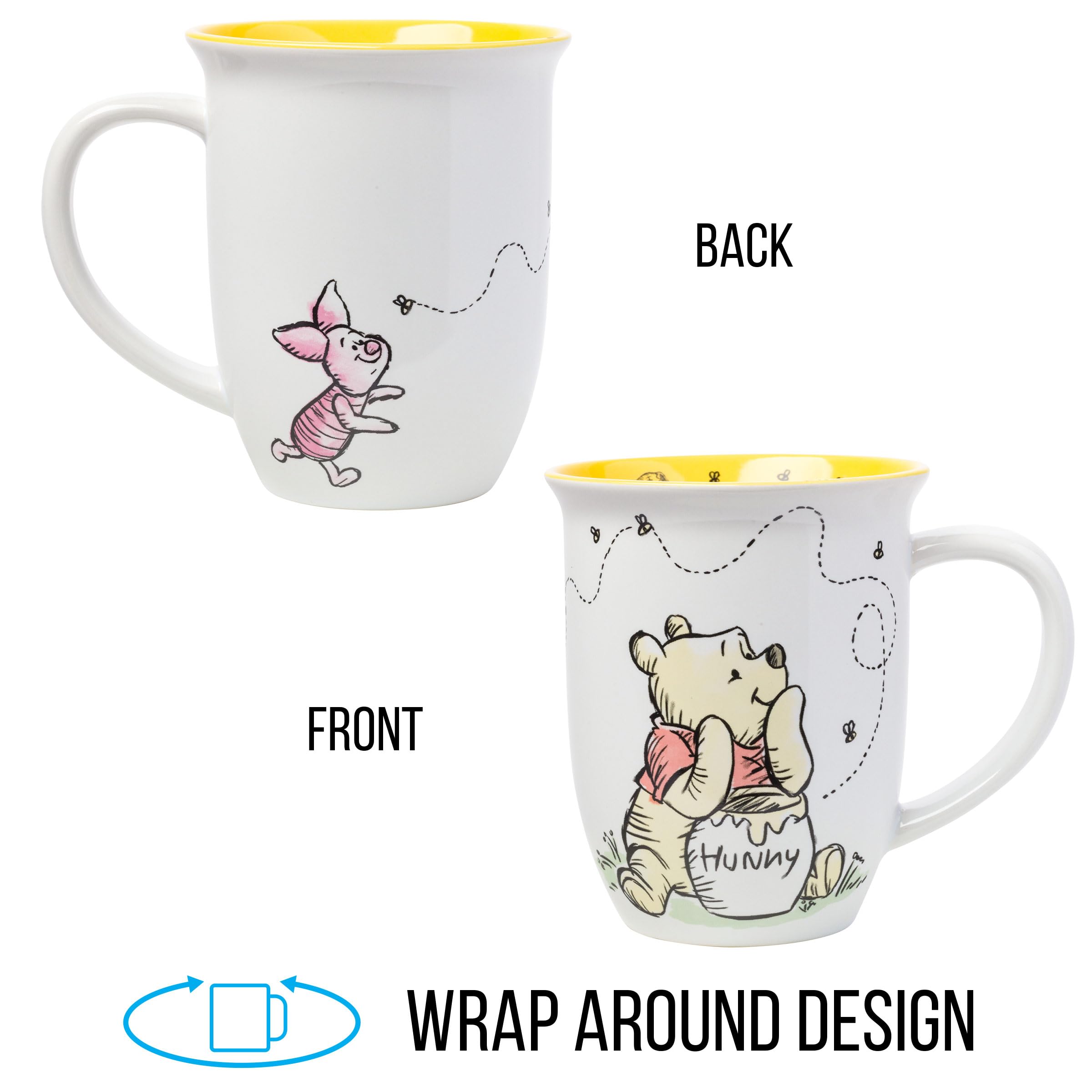 Silver Buffalo Disney Winnie the Pooh But First Hunny Wide Rim Bees Flying Ceramic Mug, 16 Ounces