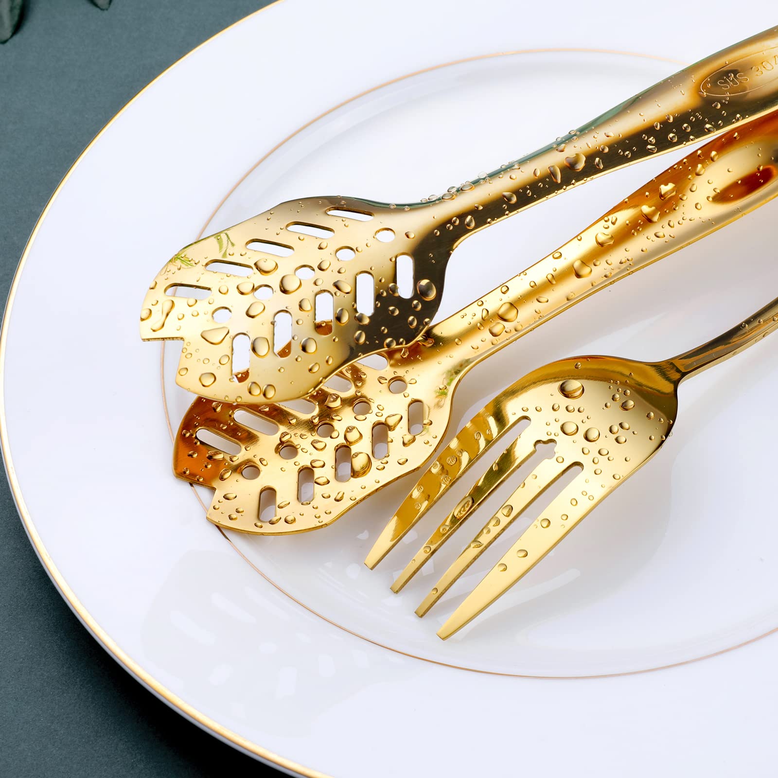 Gold Serving Utensils, Ogori 10-Piece Polished Stainless Steel Gold Serving Utensils Set Include Serving Spoons, Slotted Serving