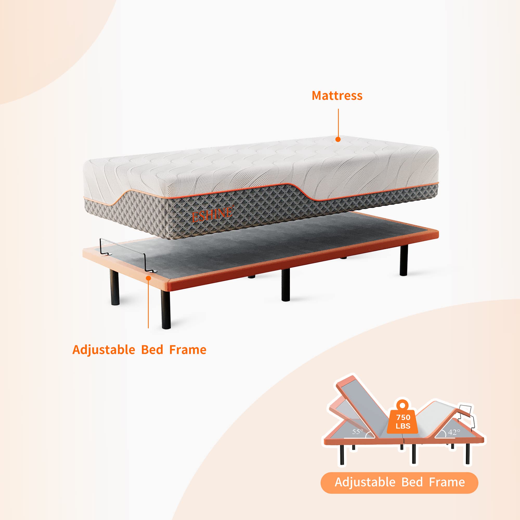 ESHINE Adjustable Bed Frame with 12'' Hybrid Mattress with Luxury Cool Gel Memory Foam  Split King Upholstered Bed Frames with Massage  Wireless Remote  USB  Under Bed Night Light  Head/Foot Incline