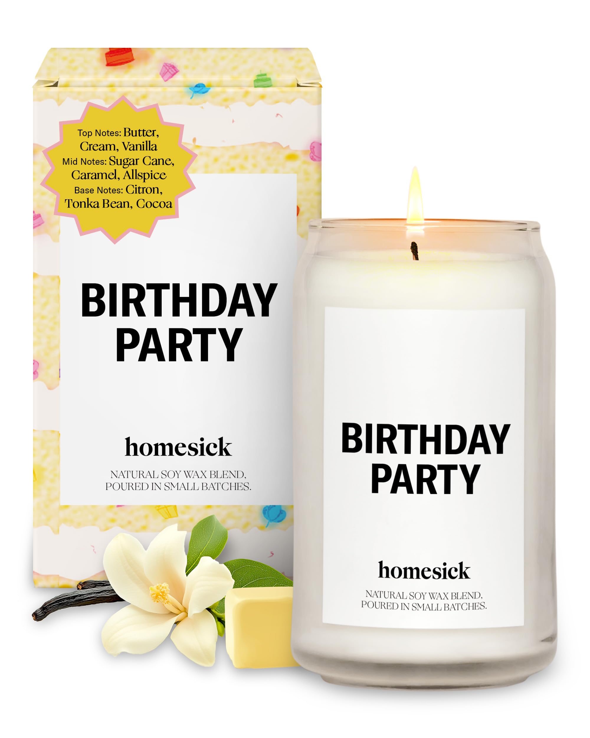 Homesick Premium Scented Candle, Birthday Party - Scents of Butter, Cream, Vanilla, 13.75 oz, 60-80 Hour Burn, Natural Soy Blend