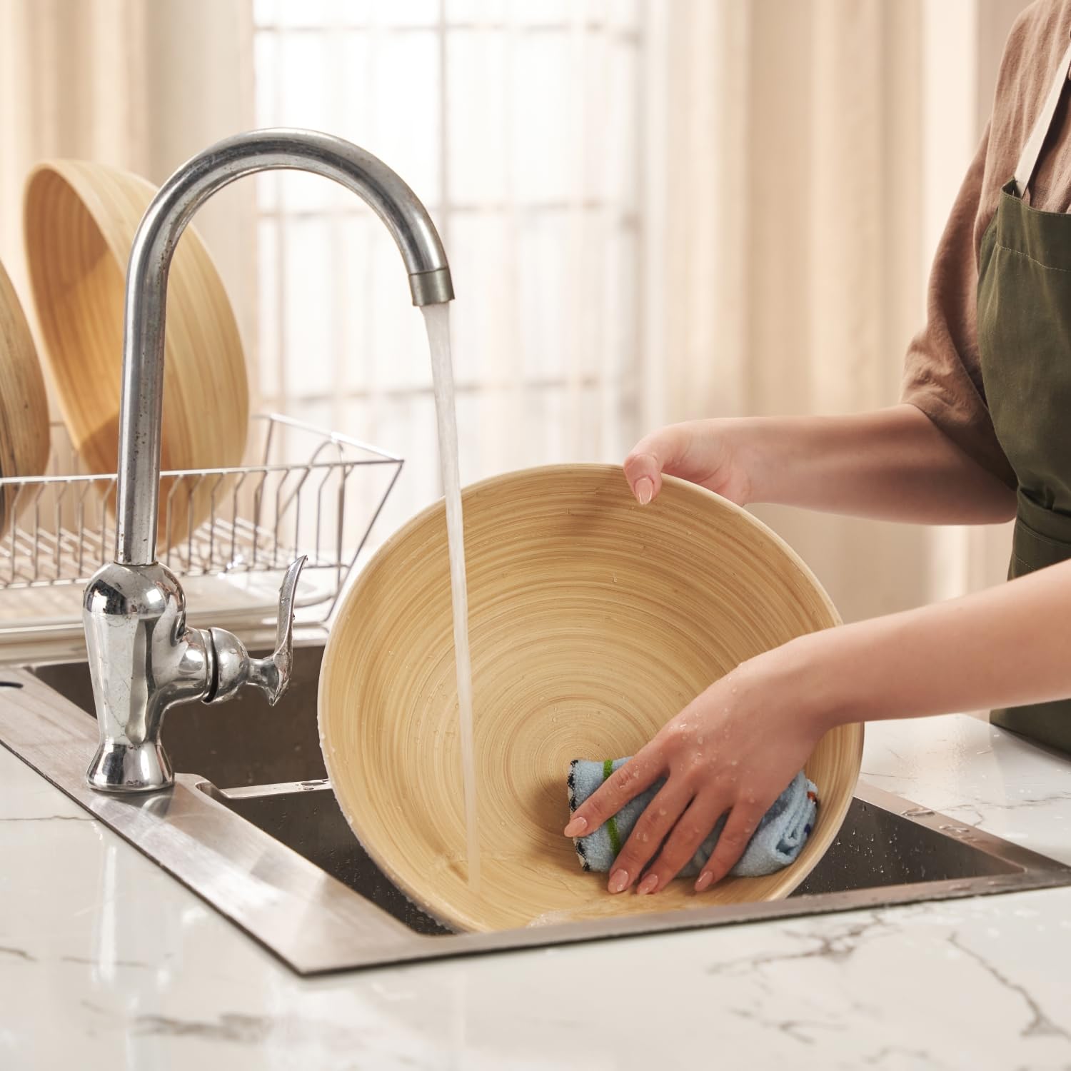 Lexa 12'' Handmade White Bamboo Wooden Salad Bowl - 130Oz Lightweight Large Wooden Bowls For Food - Bamboo Wooden Fruit Bowl For