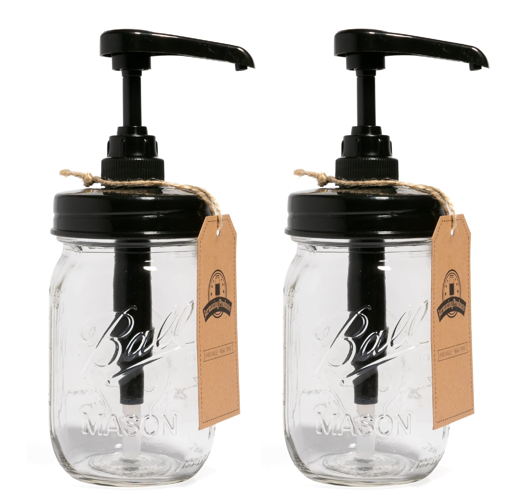Jarmazing Products Mason Jar Syrup Dispenser - Set of 2 - 16 oz Ball Jars with Rust-Proof, Leak-Proof, Food Grade Pumps for Hone