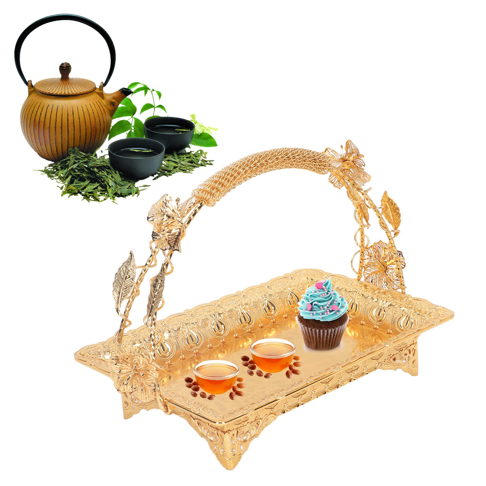 Coffee Serving Tray, Vintage Turkish Tea Coffee Serving Tray Decorative Trays Zinc Alloy Elegant Metal Serving Tray For Home Bar