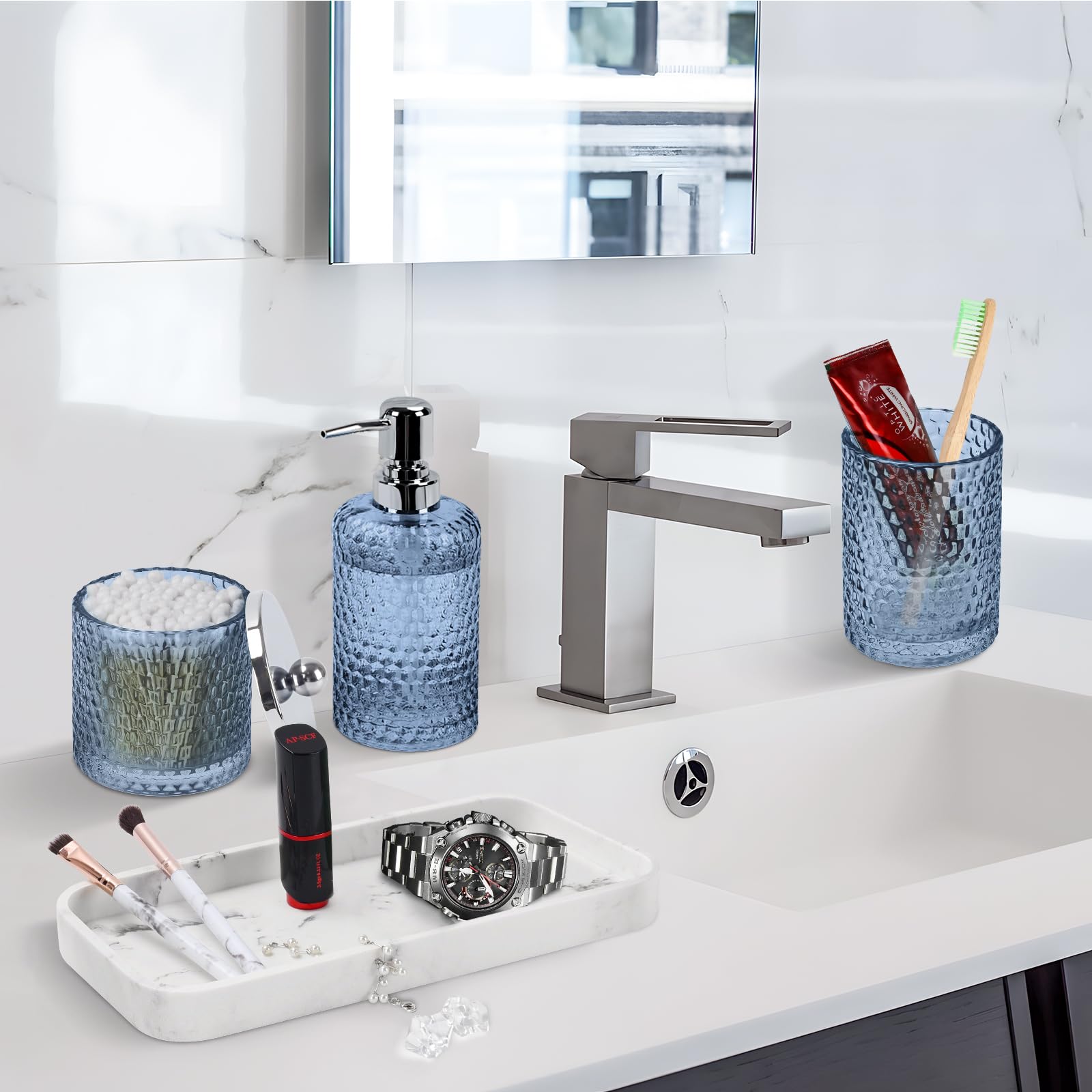 Bathroom Accessories Set,4 Pcs Blue Glass Bathroom Accessories Sets-Lotion Soap Dispenser,Toothbrush Holder,Qtip Holder Dispense
