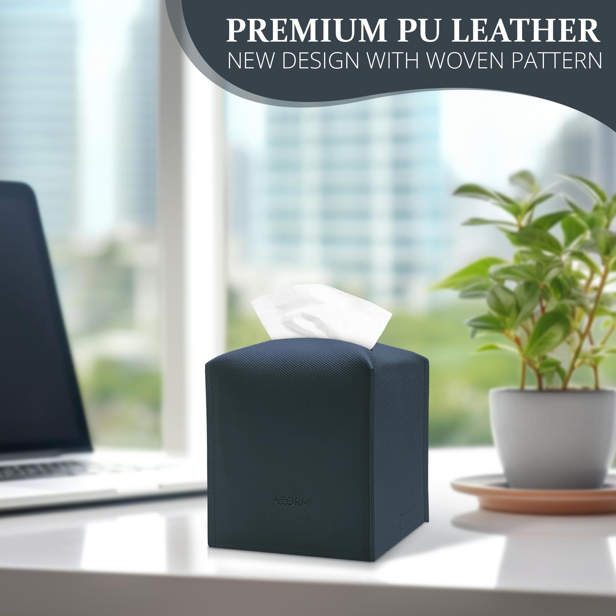 Tissue Box Cover, Pu Leather Tissue Box Holder With Bottom Belt, Modern Square Tissue Box Covers With Wide Opening (Blue, Woven