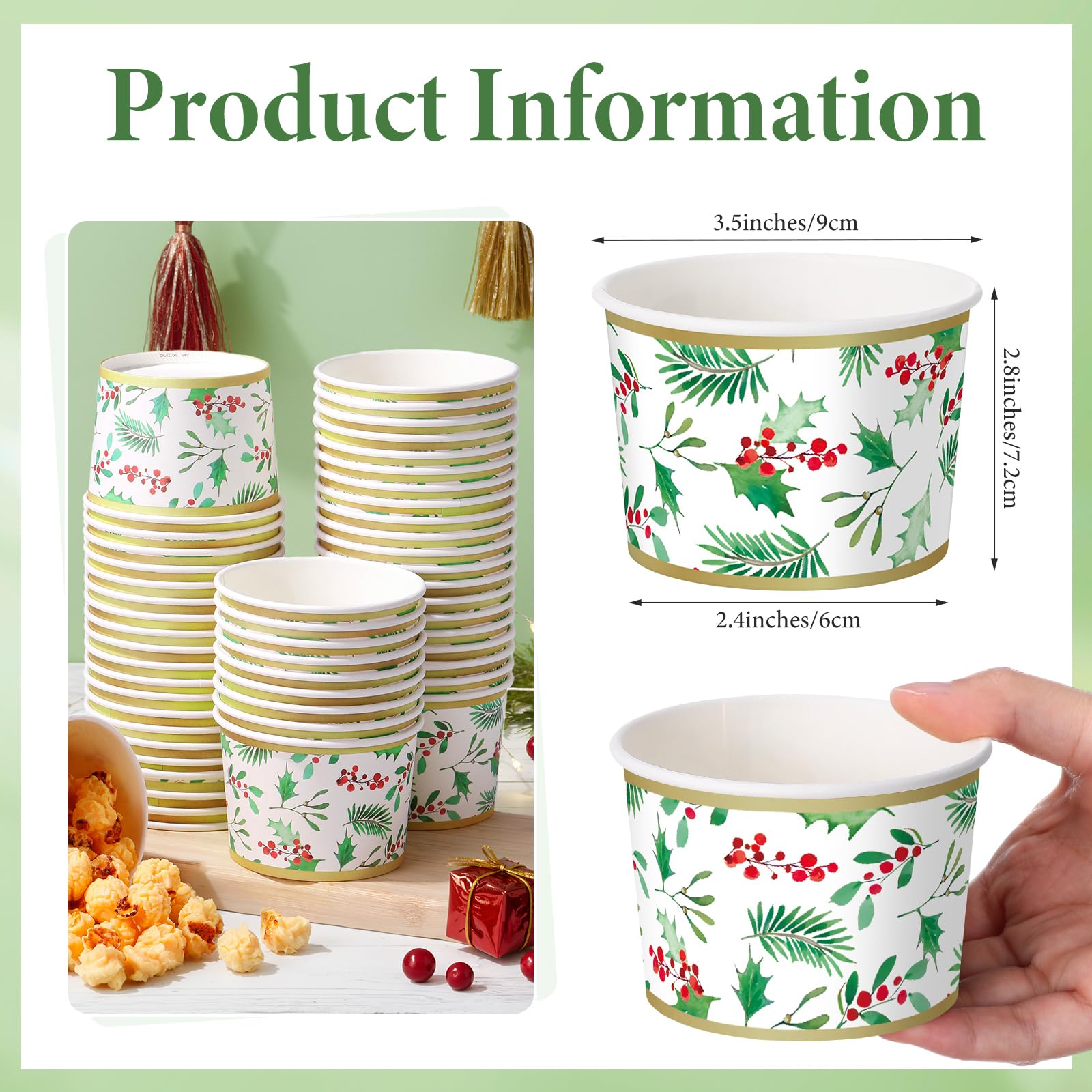 Sabary 60 Pcs 9 oz Christmas Paper Bowls Disposable Thanksgiving Snack Dessert Paper Cup Green Holly Leaf Cups Christmas Holiday