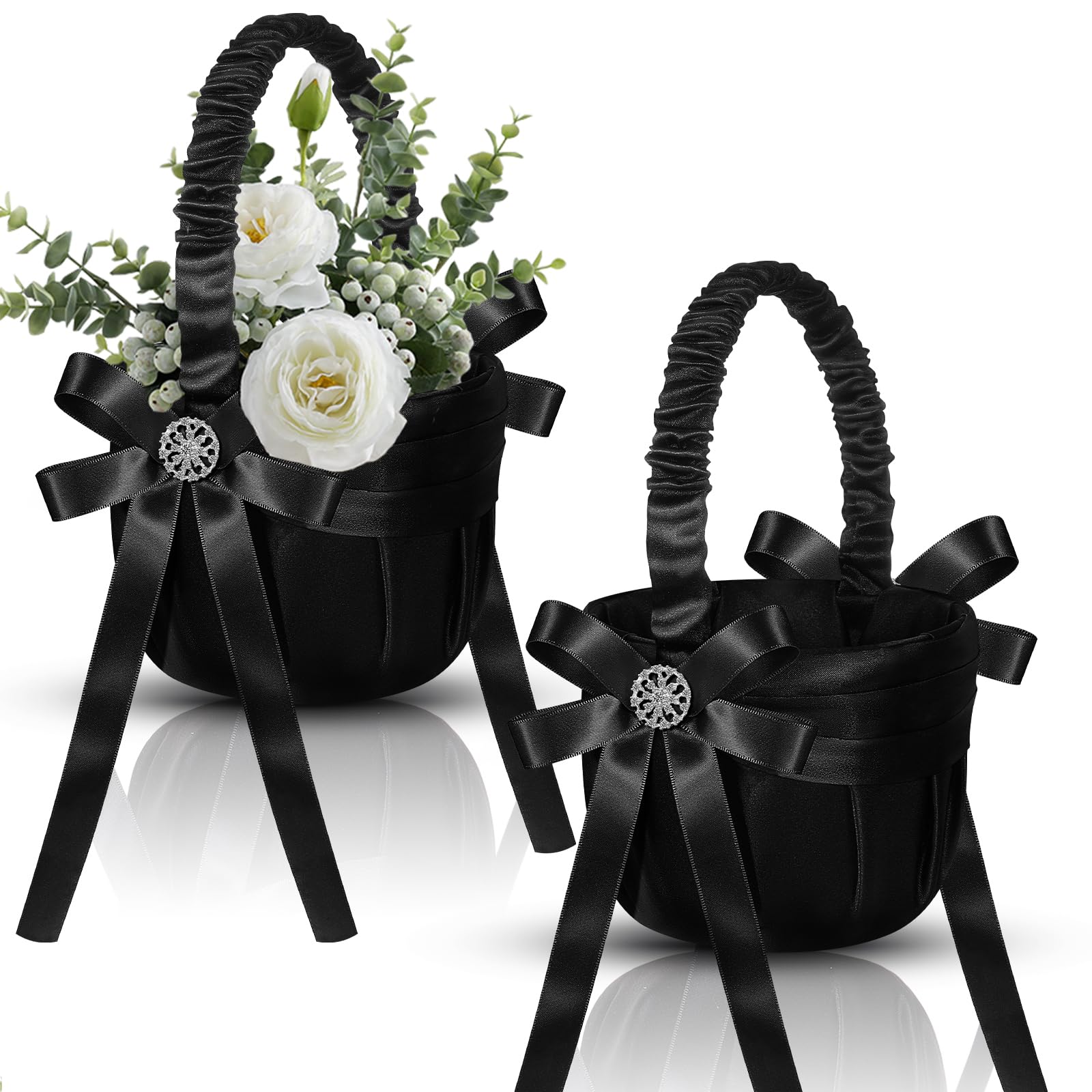 Suttmin 2 Pcs Black Wedding Flower Girl Basket, Bowknot Flower Basket