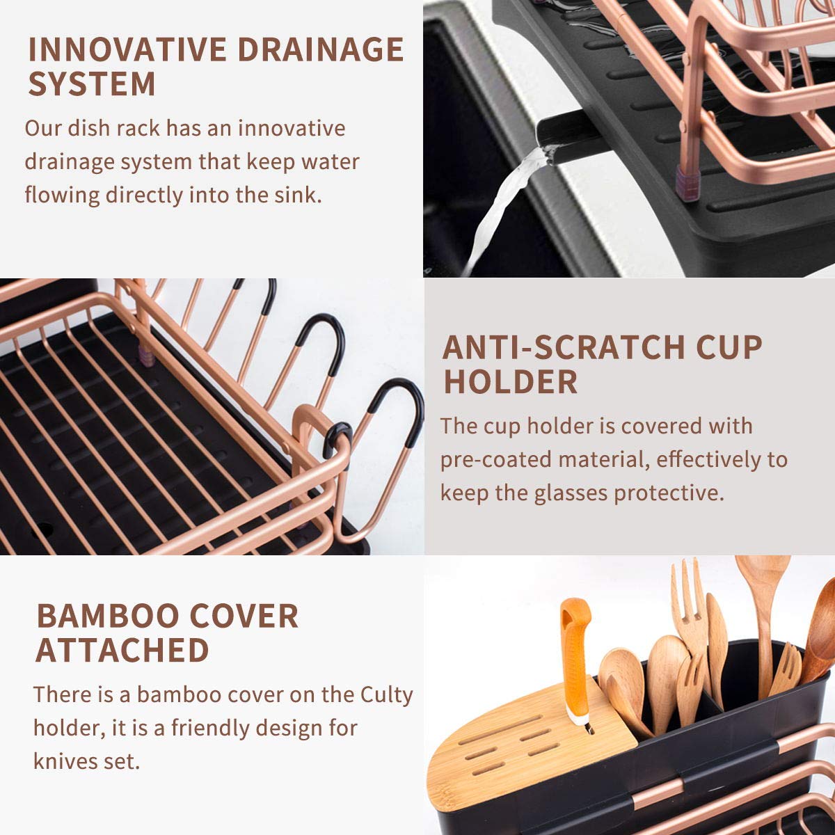 Bacoeng Aluminum Dish Drying Rack,Never Rust Dish Rack With Removable Cutlery Holder & Cup Holder, 360 Swivel Spout Drain Board,