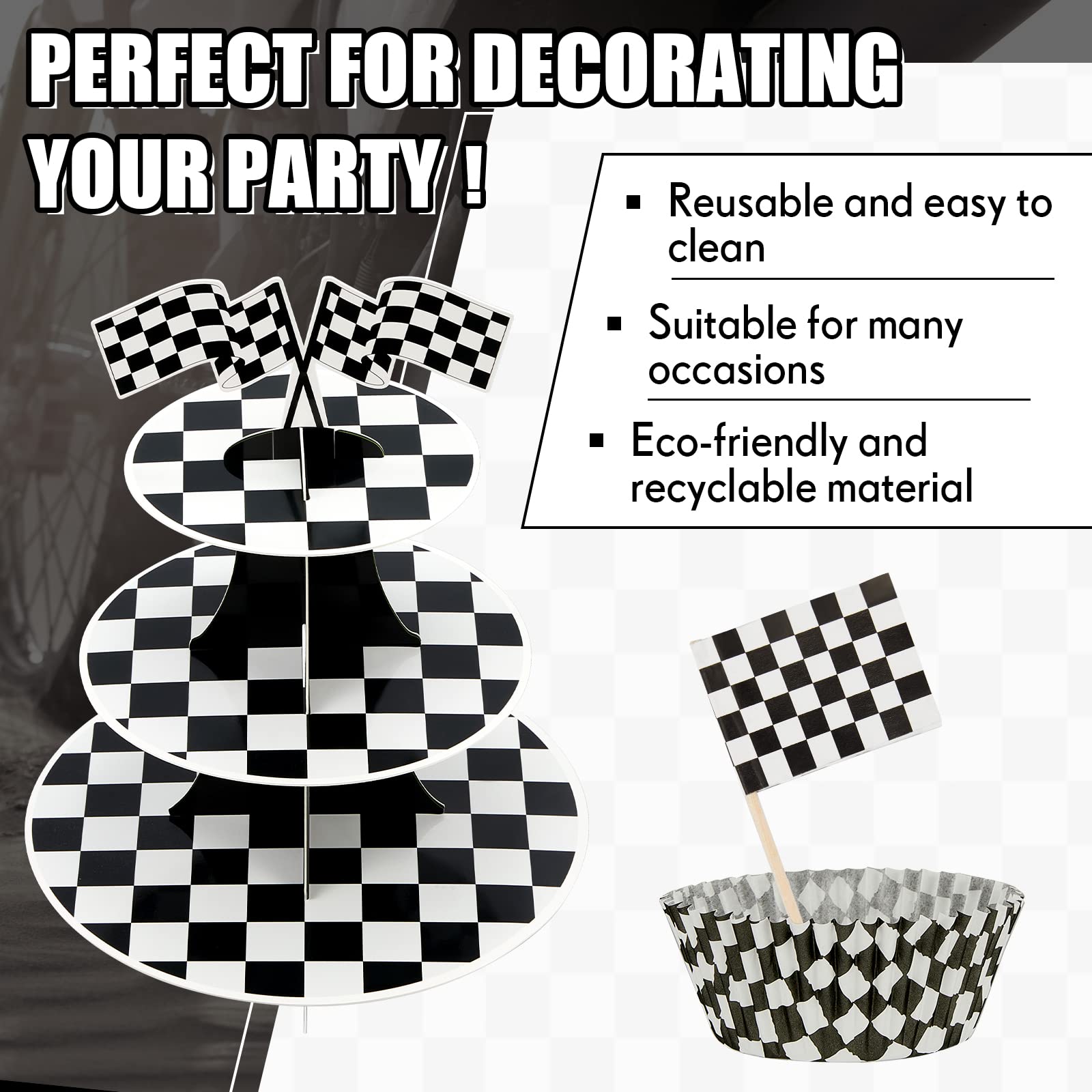 3 Sets Race Car Party Decorations 3 Tier Round Cardboard Cupcake Stand For Racing Cars Birthday Party Supplies 100 Checkered Bak