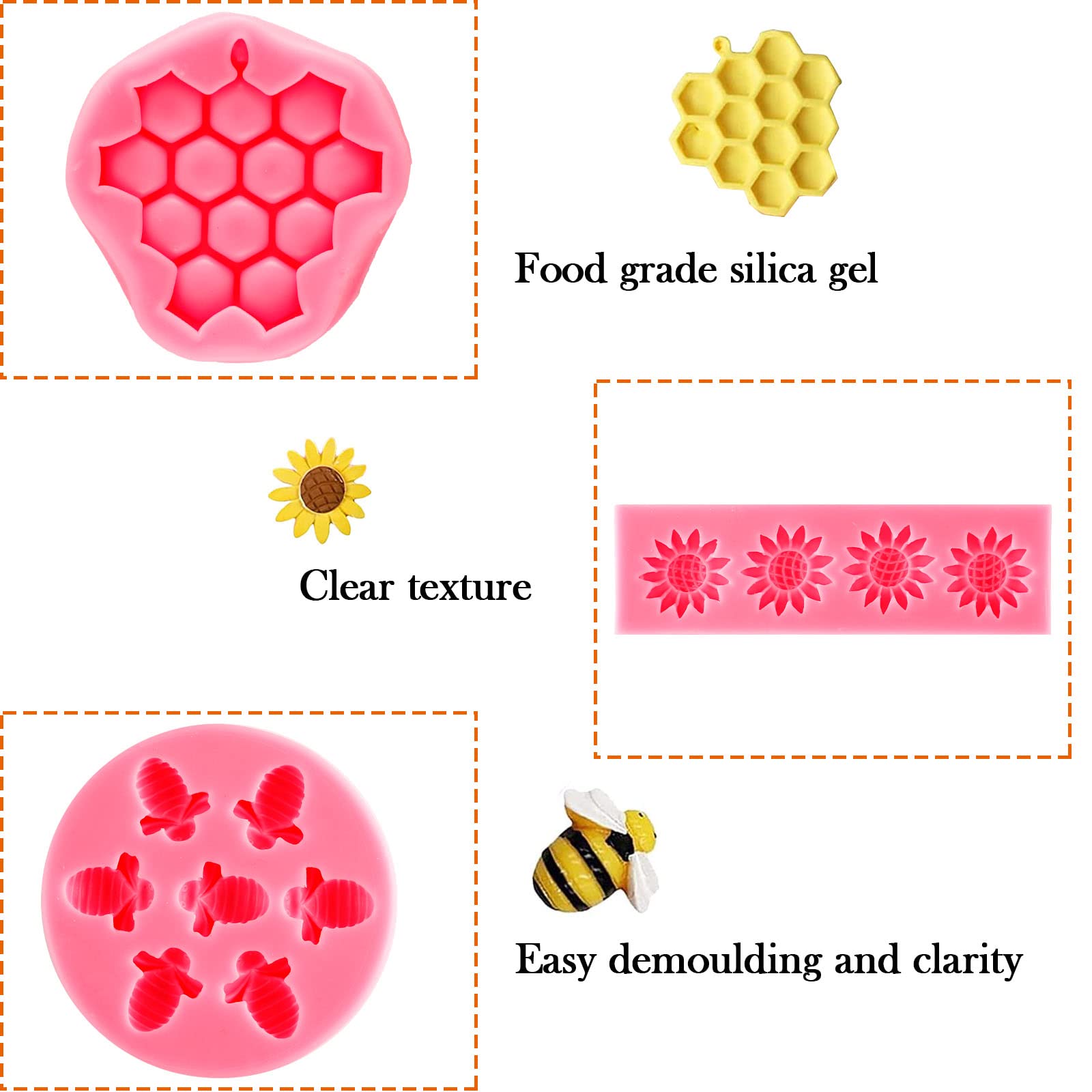 4Pieces Sunflower Honeycomb And Bee Theme Cake Silicone Mold Set For Cake Decoration Cupcake Toppers Diy Chocolate Fondant Candy