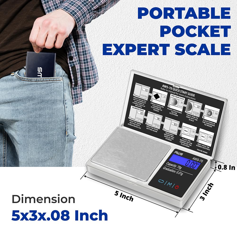 American Weigh Scales Digital Pocket Scale 70g x 0.01g with LCD Display Gram, Ounce, Carat, Grain, High Precision 0.01 g Accurac