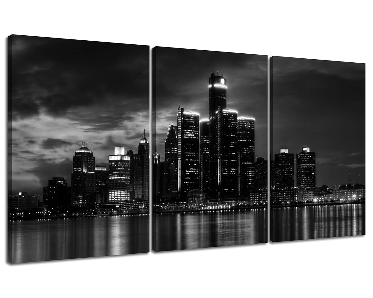 Nan Wind 3 Pcs Wall Art Beautiful Detroit Skyline Black & White Canvas Art Paintings For Room Decor Cityscape Skyscrapers Night