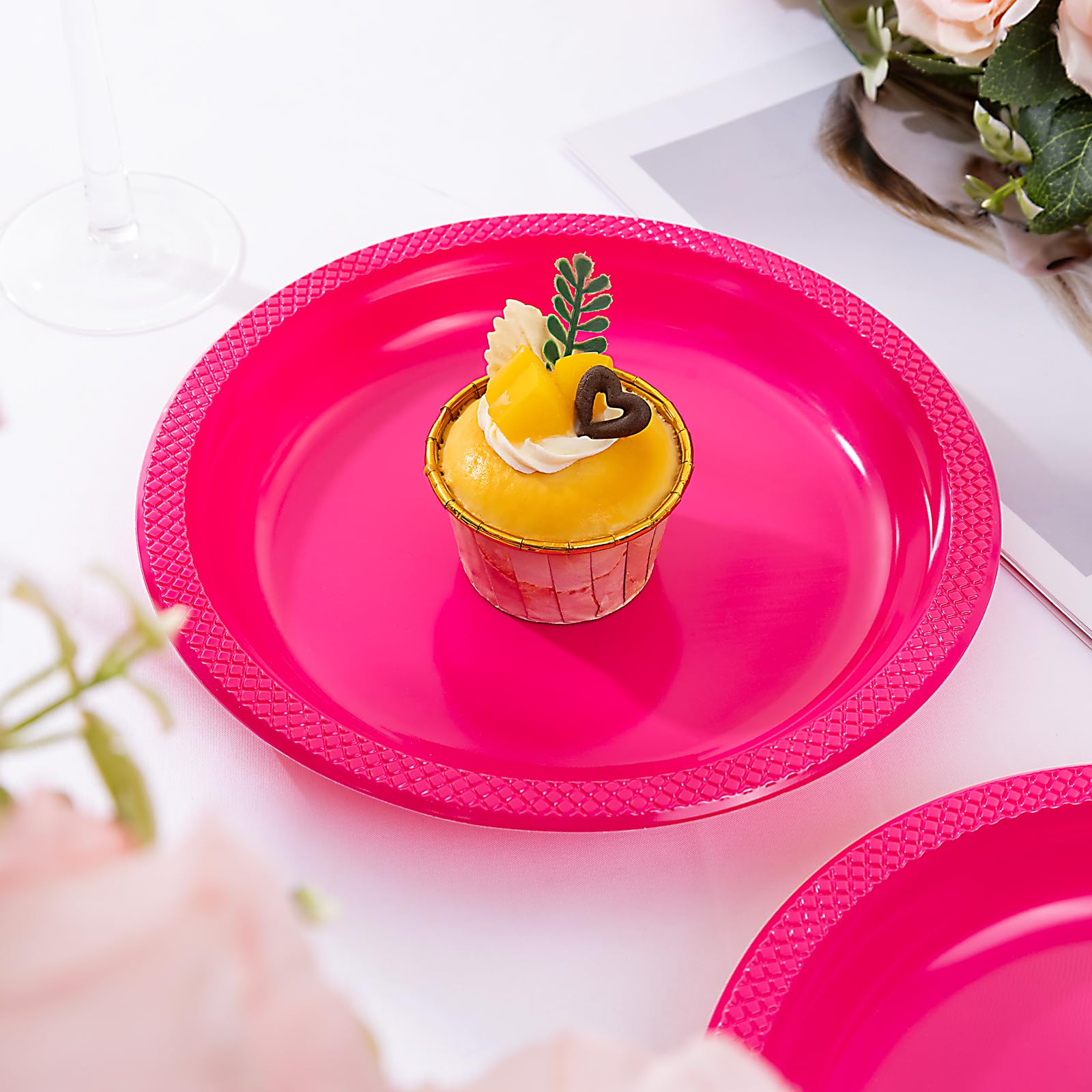 Wellife Hot Pink Party Plates 9 Inch -150 Count, Disposable Plastic Dinner Plates For Party Valentine'S Day Girls' Birthday Baby