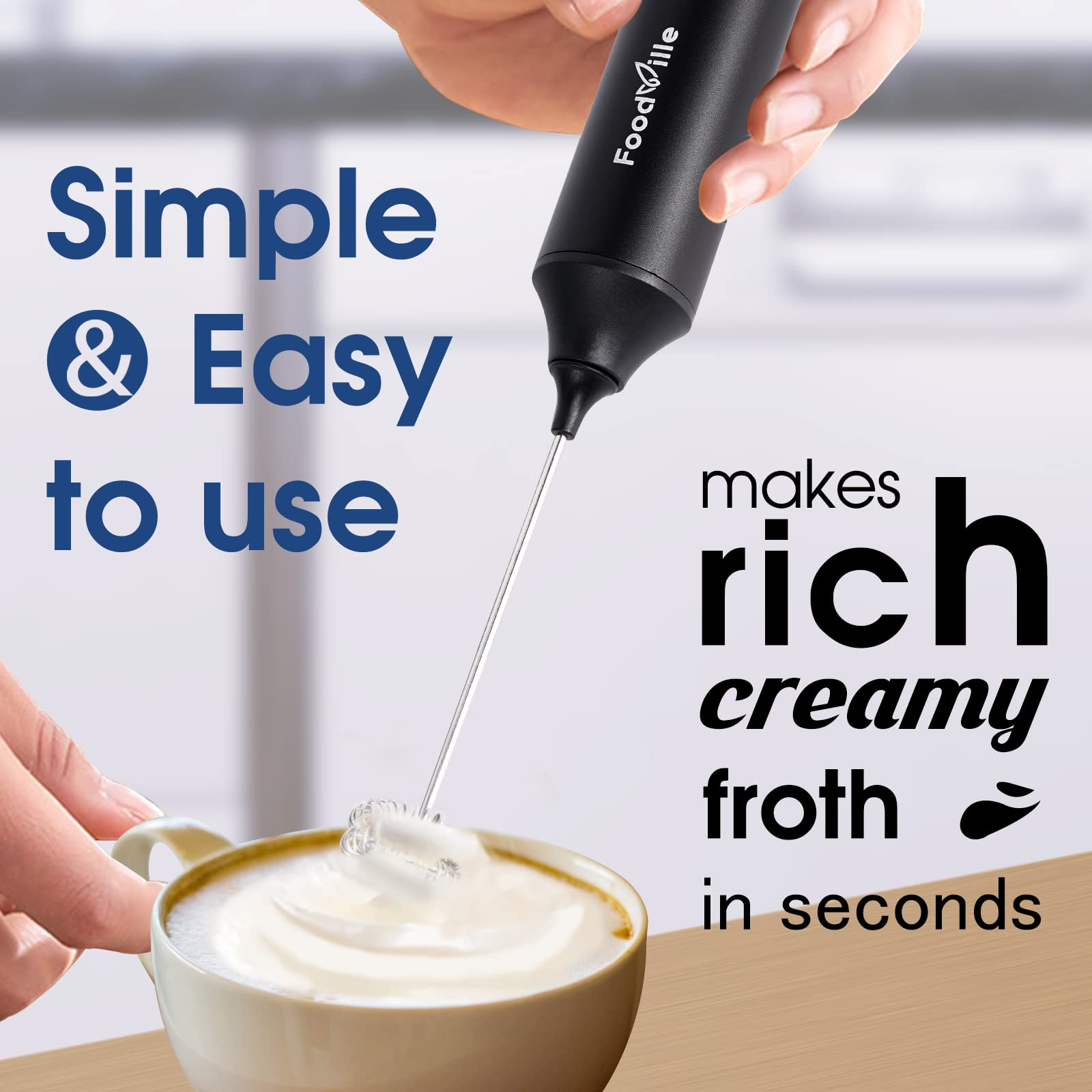 Foodville Mf05 Rechargeable Milk Frother Usb Charging Handheld Foam Maker With Stainless Balloon Whisk For Cappuccino, Latte, Bu