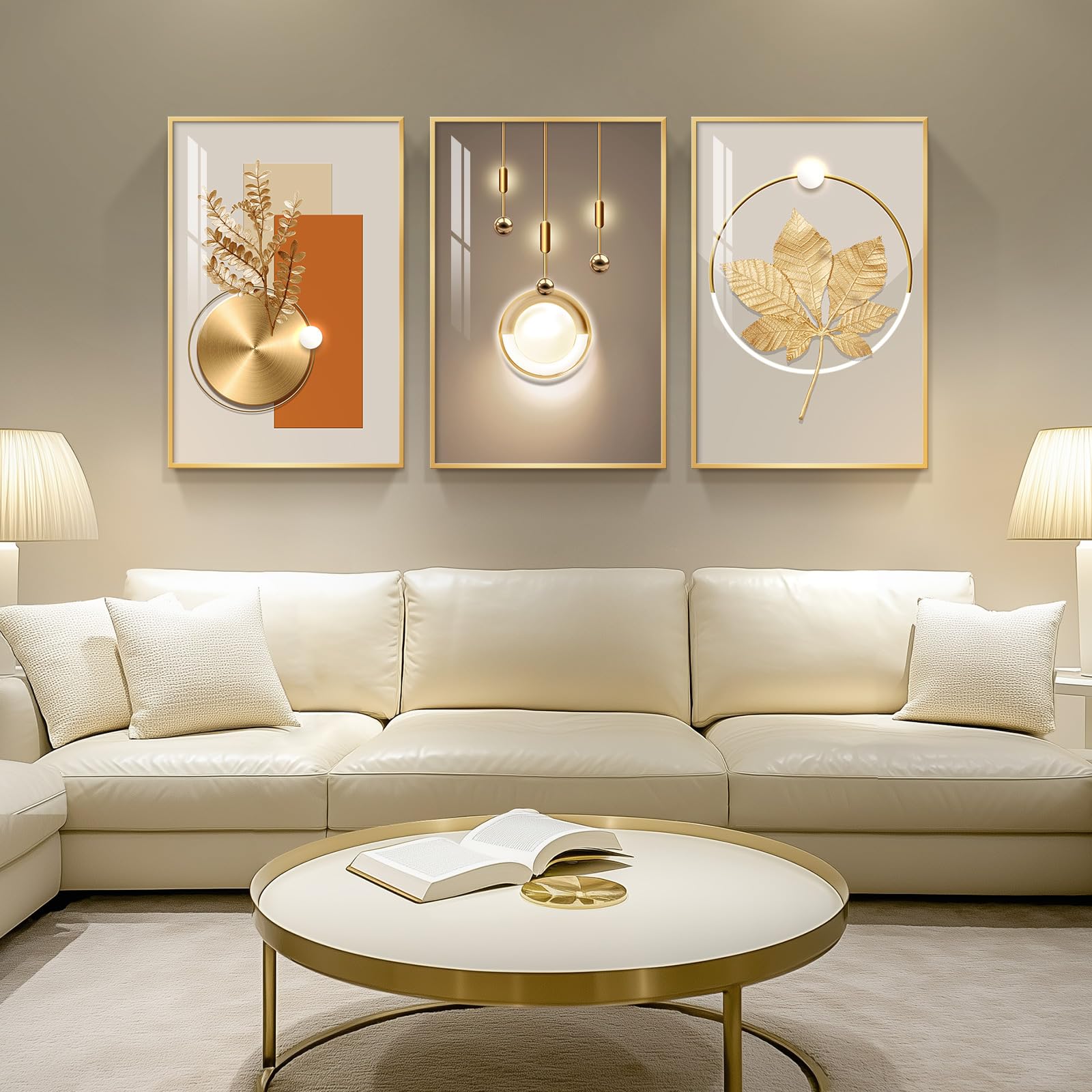 Framed Modern Luxury Gold Large Wall Art For Living Room, Set Of 3 Piece Contemporary Paintings Artwork For Walls, Golden Prints