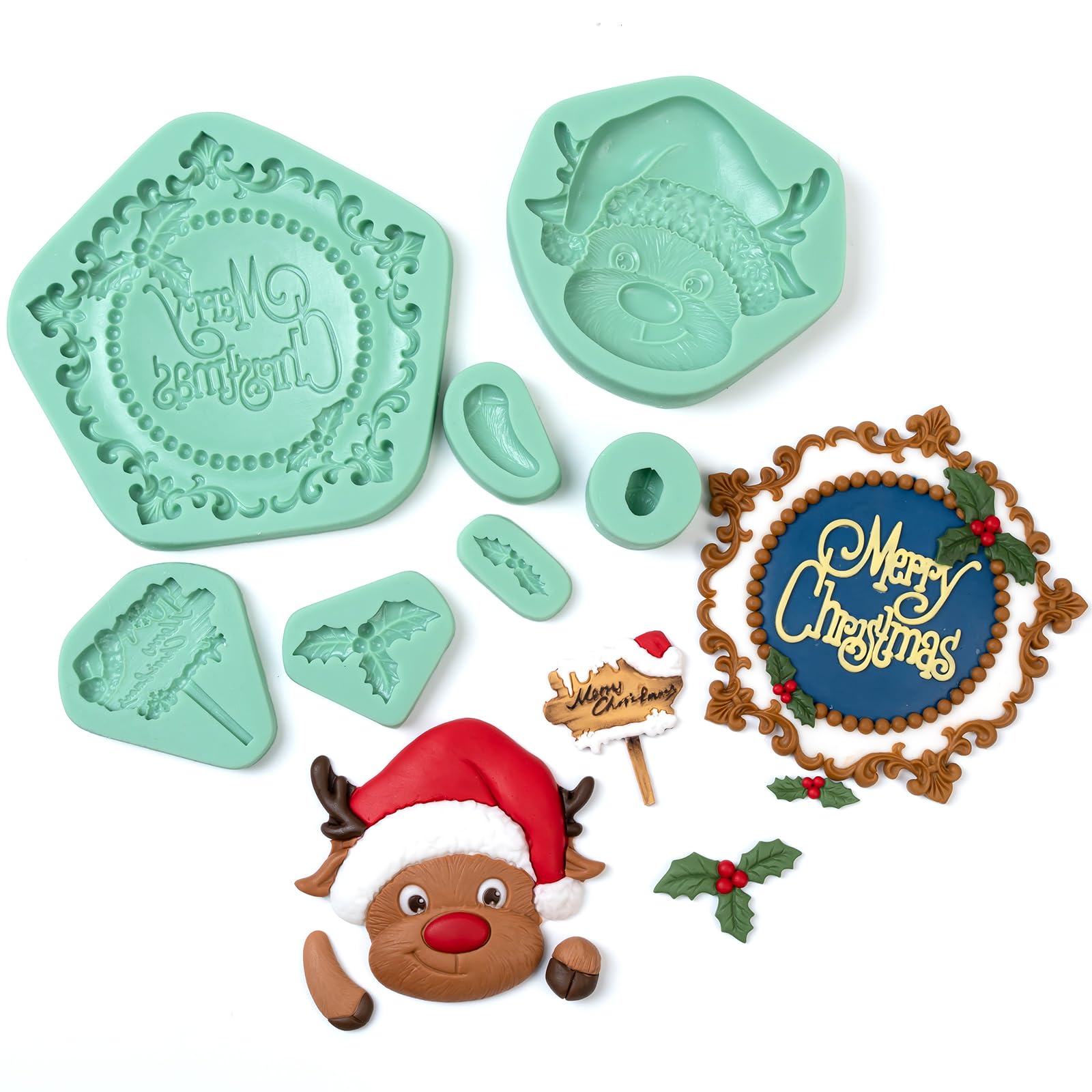 KALAIEN Christmas Fondant Molds Set,Christmas Reindeer Chocolate Candy Mold Holly Leaves Sugar Craft Molud for Baking Cake Decor