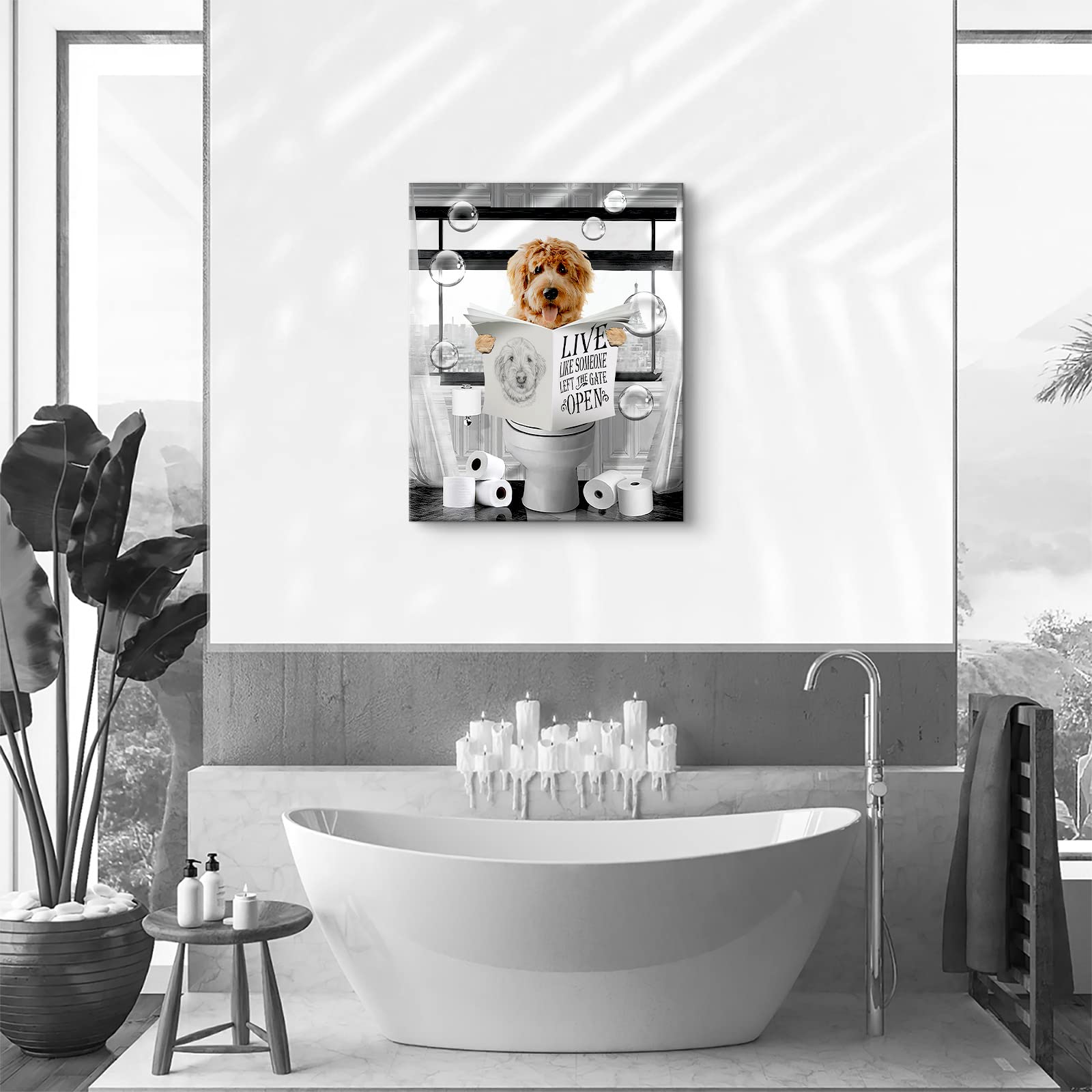Funny Dog Sitting In Toilet Bathroom Decor Wall Art Black And White Dog Pictures Farmhouse Bathroom Animals Painting For Toilet