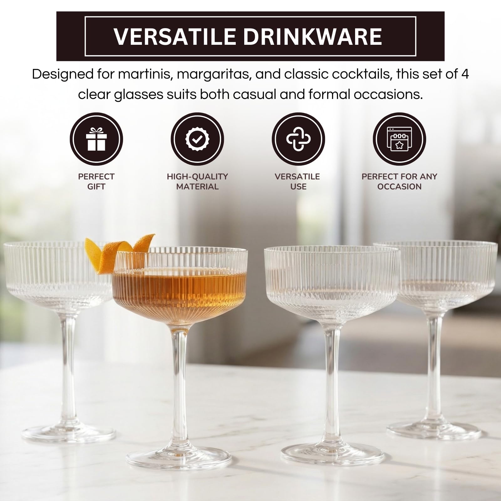 Barcelona Acrylic Champagne Coupe Cocktail Glassware, Set of 4