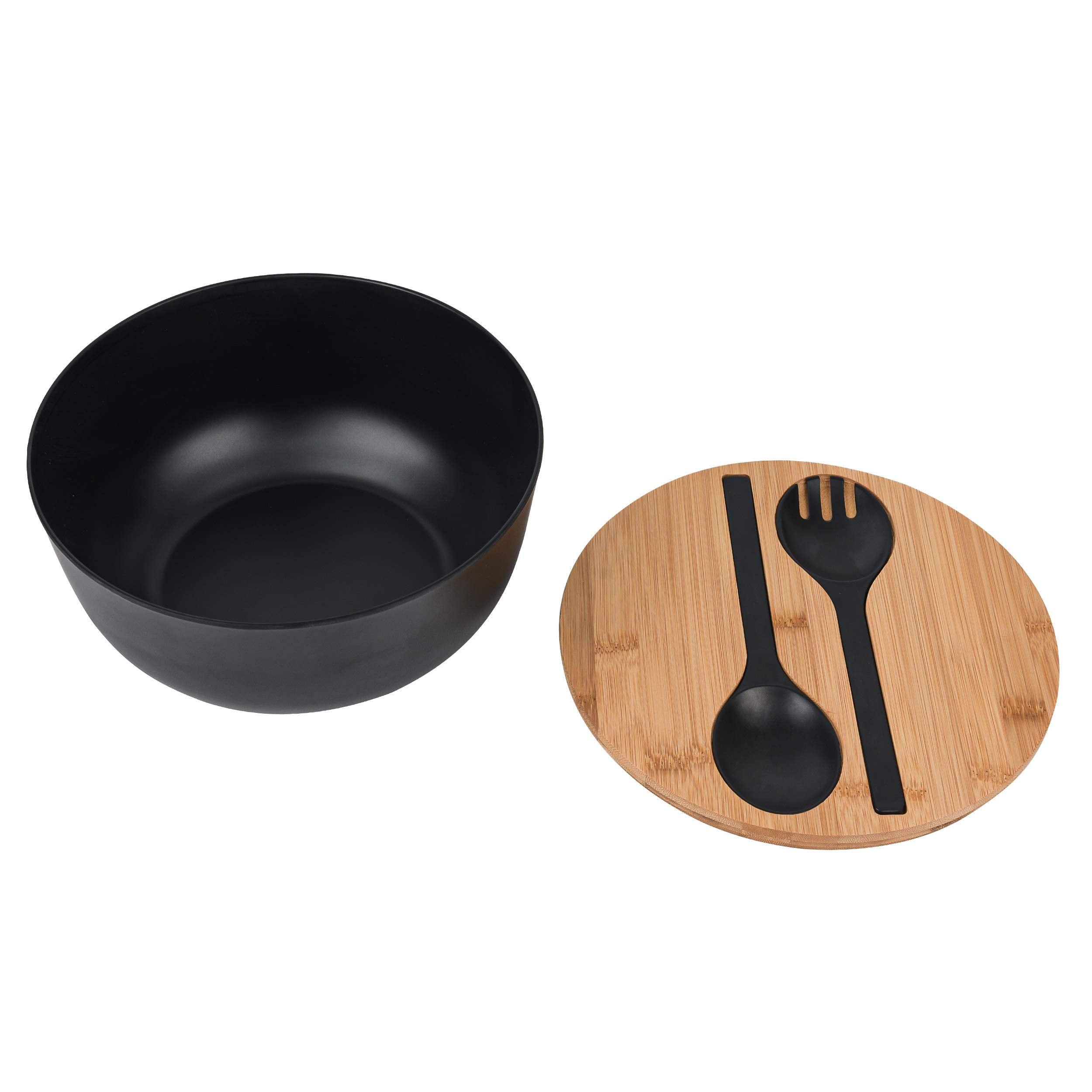 Gehe Bamboo Fiber Salad Bowl With Servers Set - Large 9.8 Inches Mixing Bowls Solid Bamboo Salad Wooden Bowl With Bamboo Lid Spo