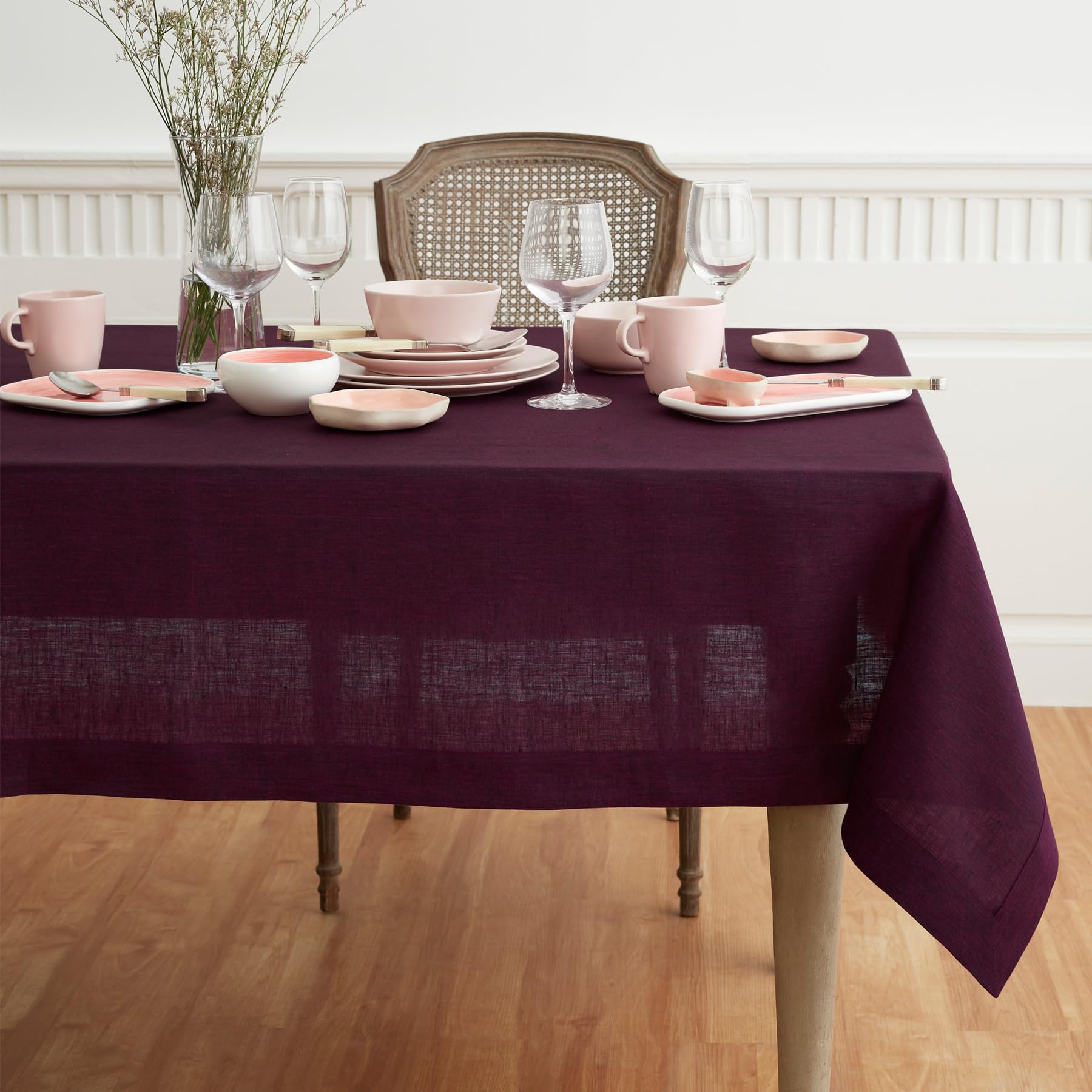 Solino Home Linen Tablecloth 120'' L X 60'' W Inch - 100% Pure Linen Chambray Burgundy Table Cloth For Rectangle Tables - Athena