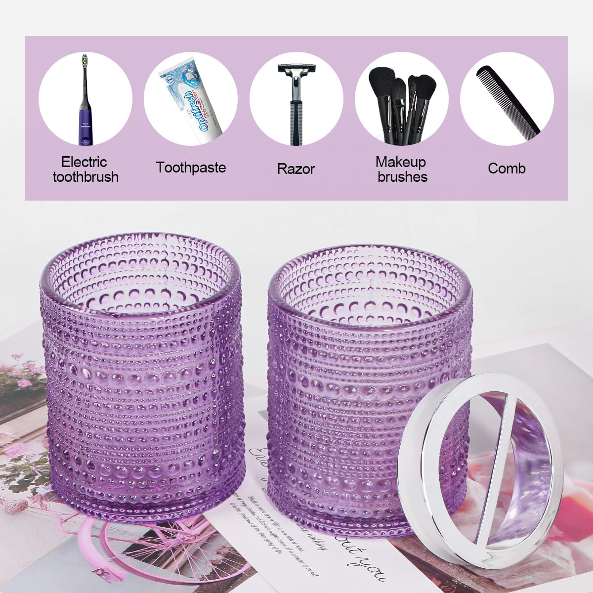 Tonxus Purple Toothbrush Holders for Bathrooms, Glass Toothbrush Holder with 2 Slot Divider, 10oz Bathroom Tumbler and Mouthwash