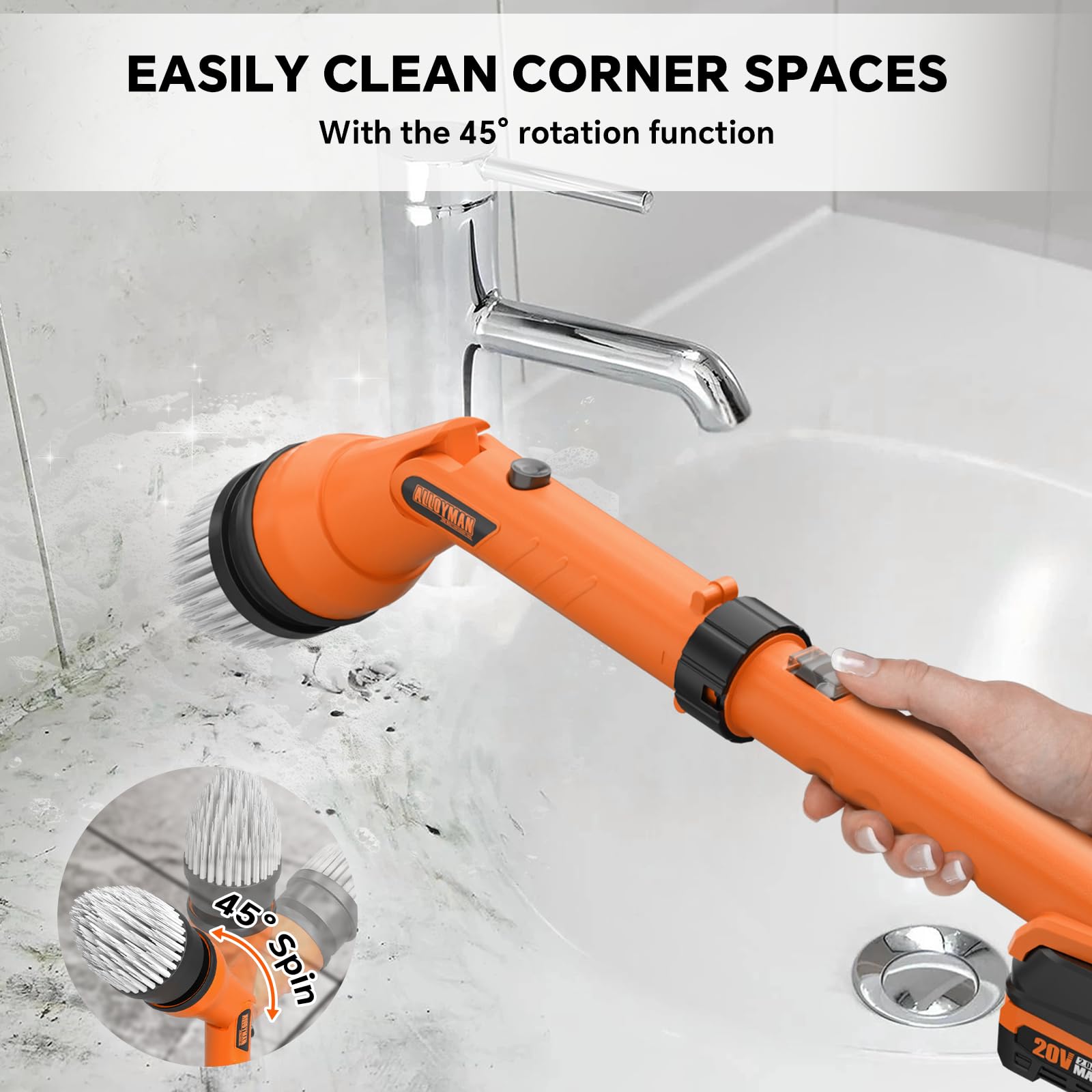 1000RPM Electric Spin Scrubber  20V Cordless Cleaning Brush with Adjustable Extension Arm  4 Replaceable Cleaning Heads  Hook and Gloves  1 Hour Fast Charge  Waterproof - for Bathroom/Tub/Tile/Floor