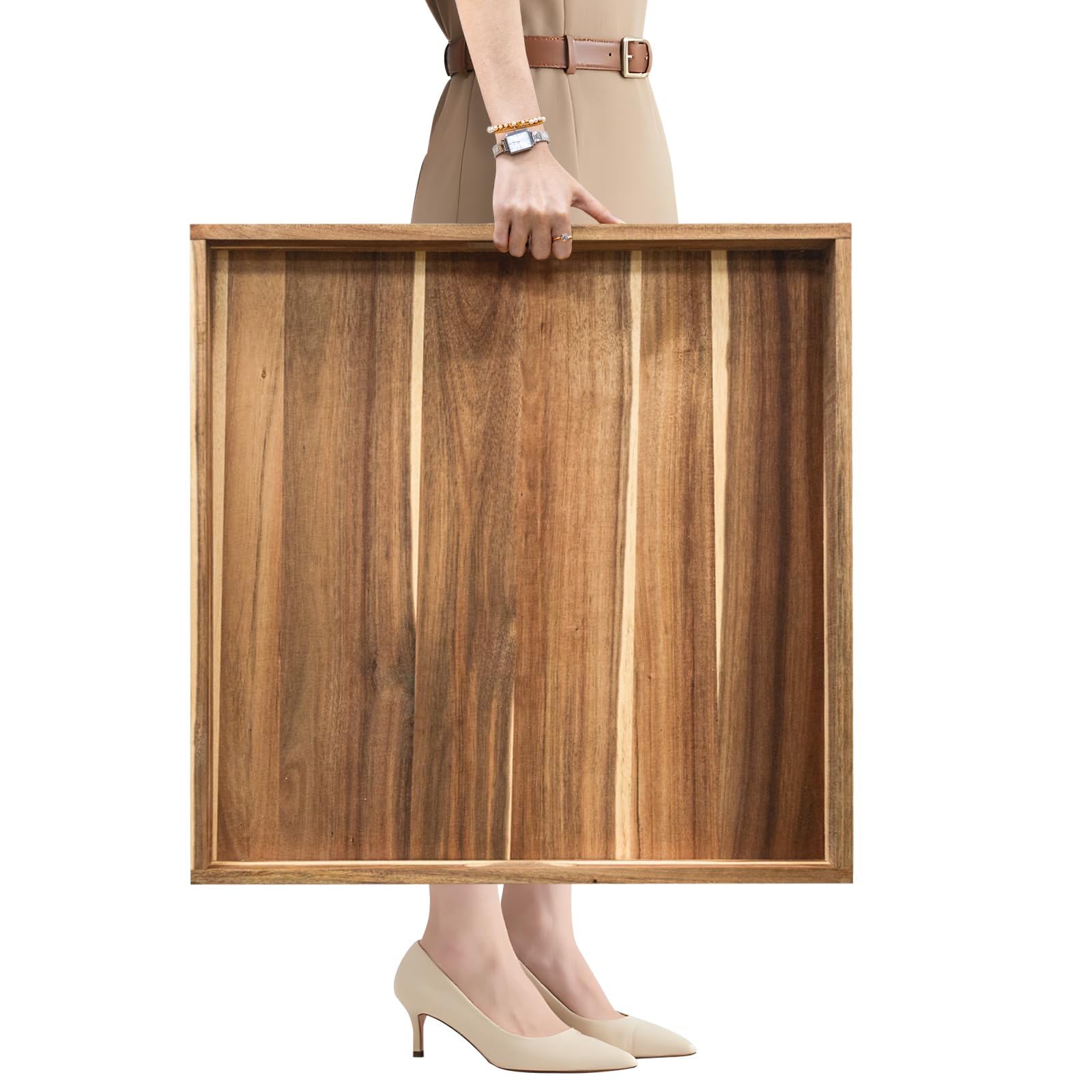 MAONAME Extra Large Square Ottoman Tray, 24 Acacia Wood Serving Tray for with Handles, Farmhouse Wooden Decorative Trays, Coffee