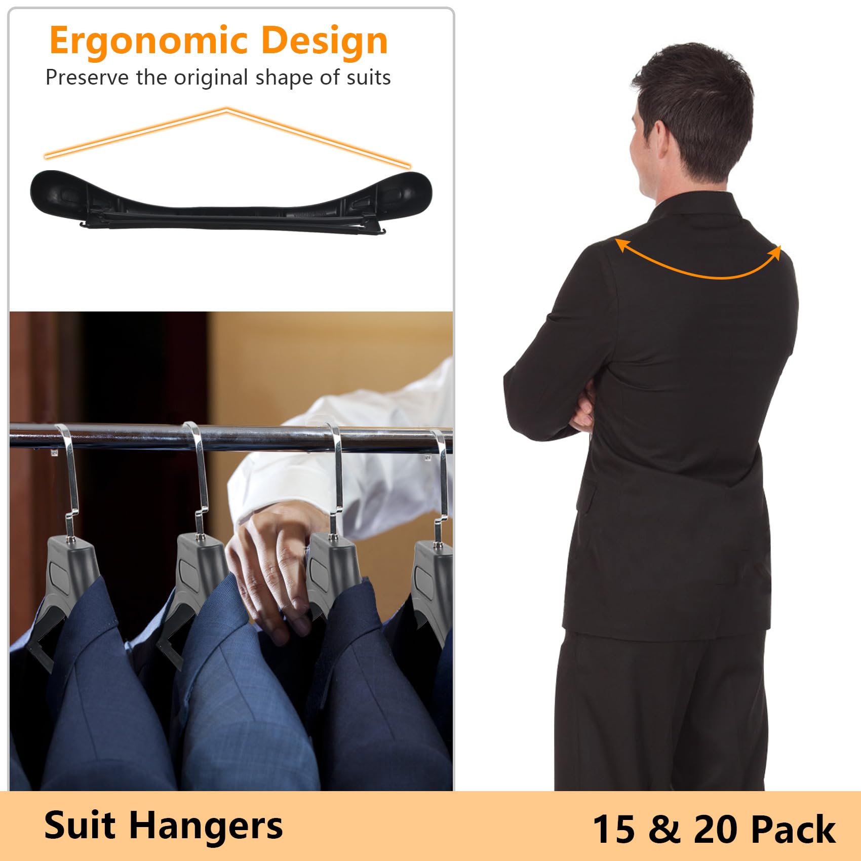 Dedu Plastic Extra Wide Shoulder Suit Hangers For Men 10 Pack Width 17.7'', Black Sweater Hangers No Shoulder Bump Non Slip For