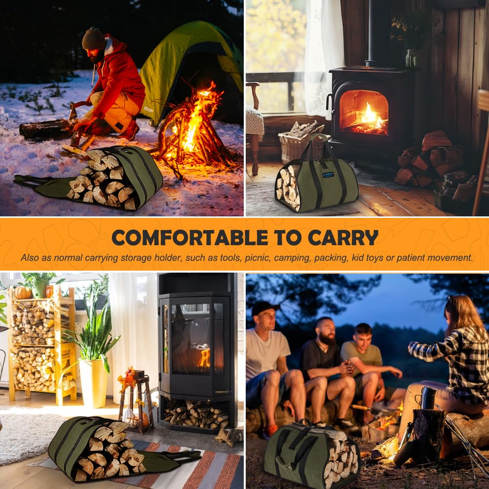 HRX Package Waxed Canvas Firewood Bag Carrier  Water Resistant Log Tote Wood Carrying Bag With Handles for Camping Trip Christmas Gift