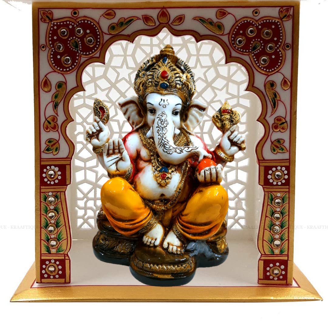 Kraaftique Marble Lord Ganesha Idol With Golden Mukut Ganesh Ji Murti Ganesh Showpiece For Home Decor,Study Table,Office Ganesha