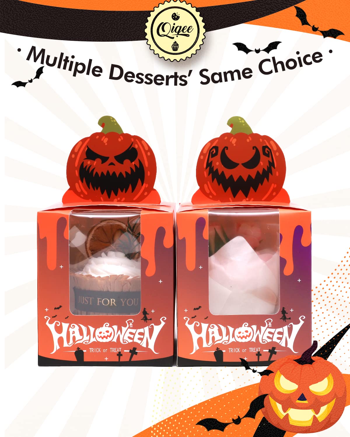 Qiqee Halloween Individual Cupcake Boxes Cupcake Holders Disposable 60Pcs Single Cupcake Boxes With Window 3.7'' 3.7''*4.5'' Cup