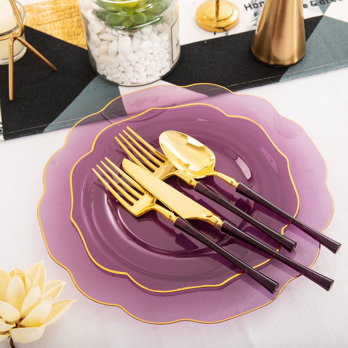 Ciaell 120Pcs Clear Purple Plastic Plates - Purple Party Plates - Disposable Gold Plastic Plates Including 48Plates, 24Forks, 24