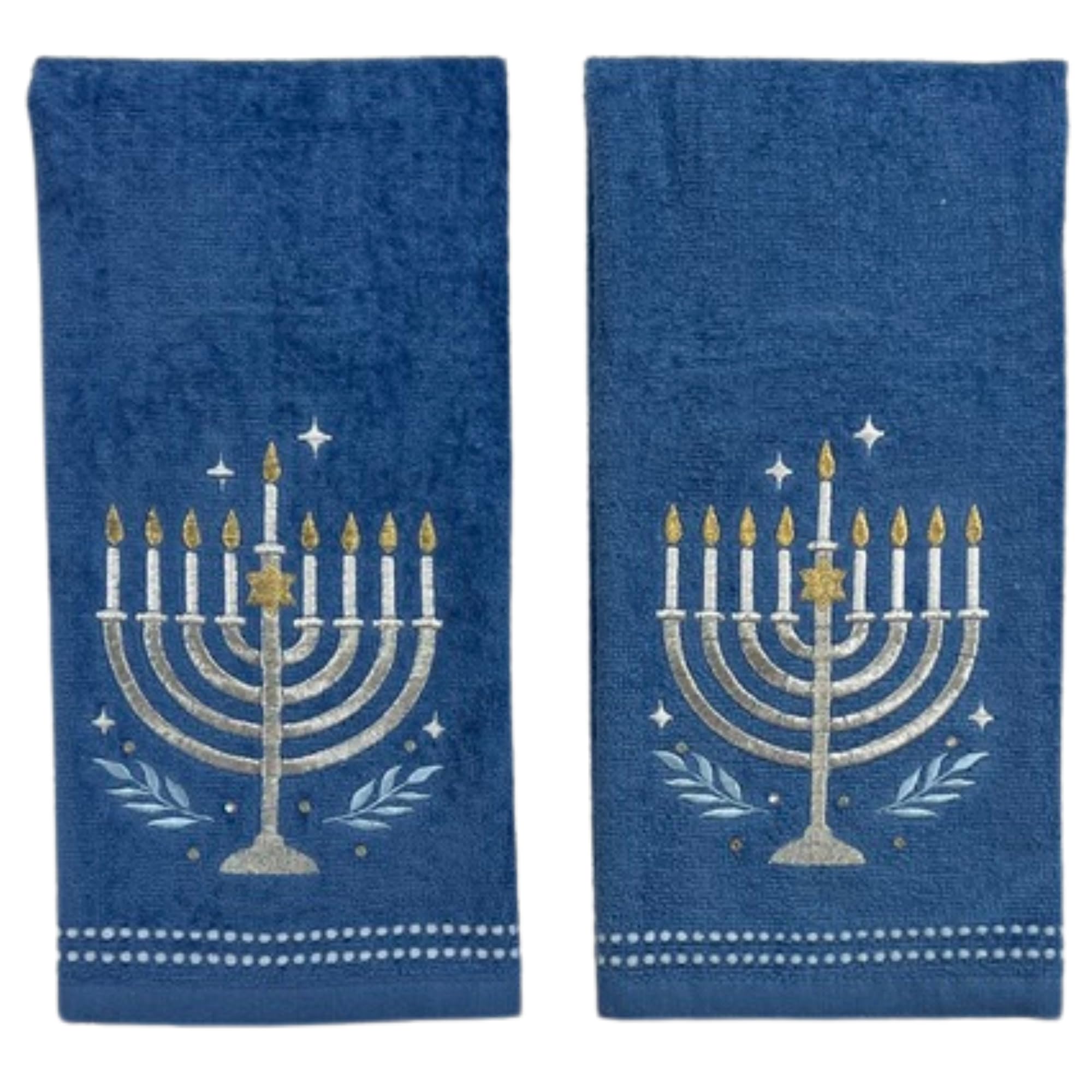 Hanukkah Menorah Bath Hand Towel Set, 16 X 25 Inches, Set Of 2, Blue Cotton Guest Towels