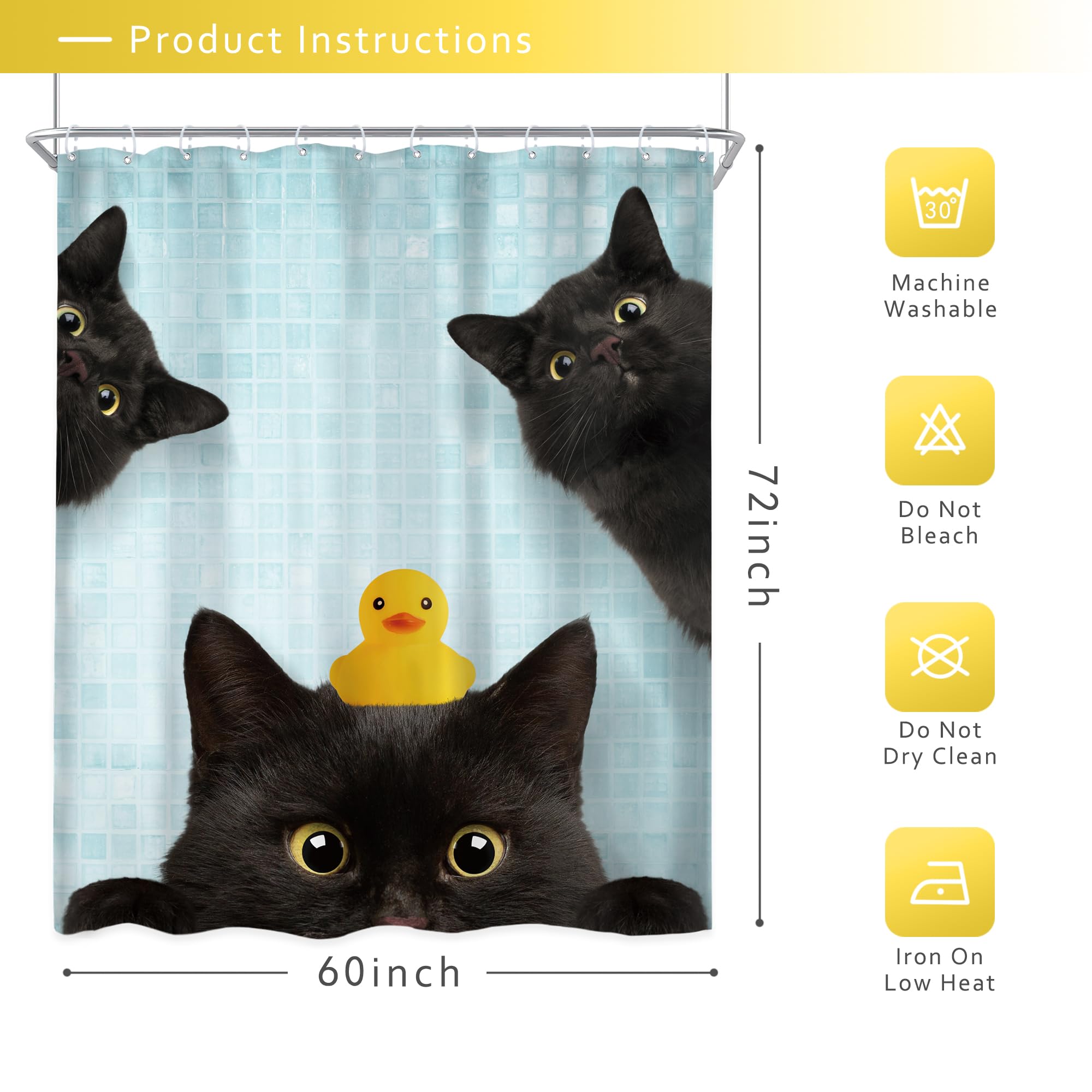 Riyidecor Funny Black Cat Shower Curtain 60Wx72H Inch Kids Cute Animal Lovely Kitten Yellow Rubber Duck Pet Lovers Modern Hilari