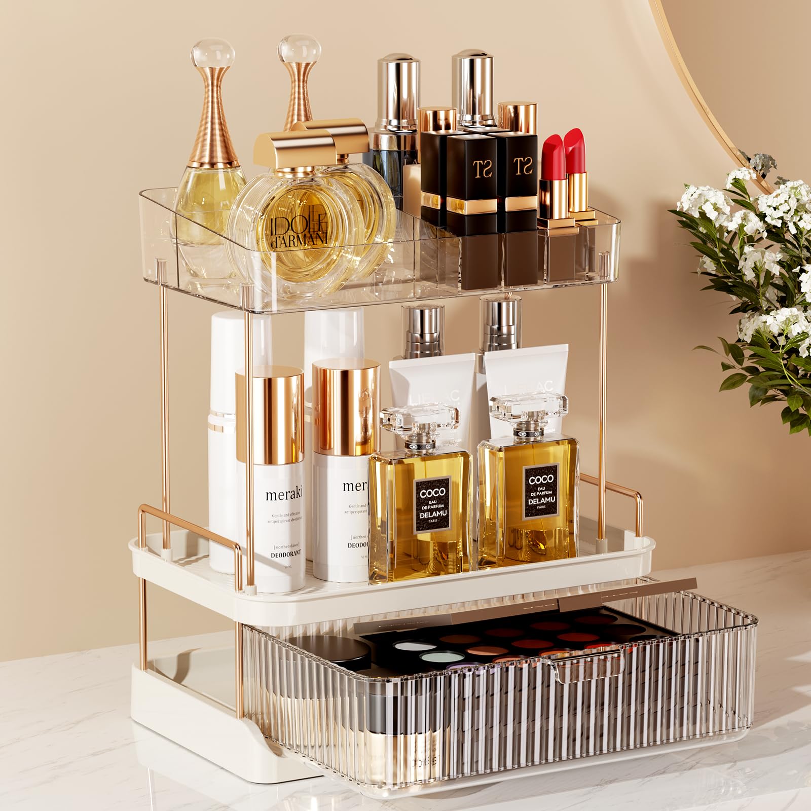 Delamu Bathroom Counter Organizer, 2 Tier Large Drawer Skincare Organizer With Compartment, Multi-Purpose Makeup Organizer Count