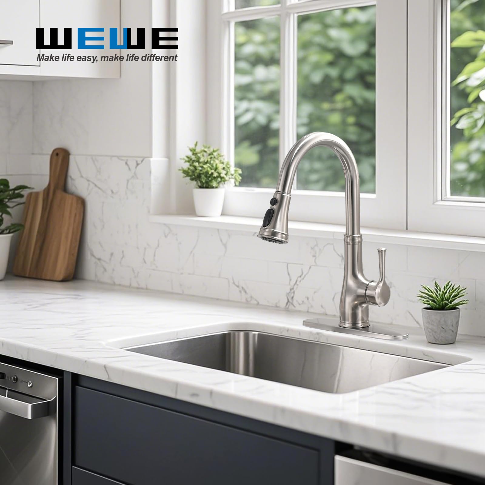 Kitchen Faucet-WEWE Single Handle Stainless Steel Brushed Nickel Pull Down Kitchen Sink Faucet with Pull Out Sprayer