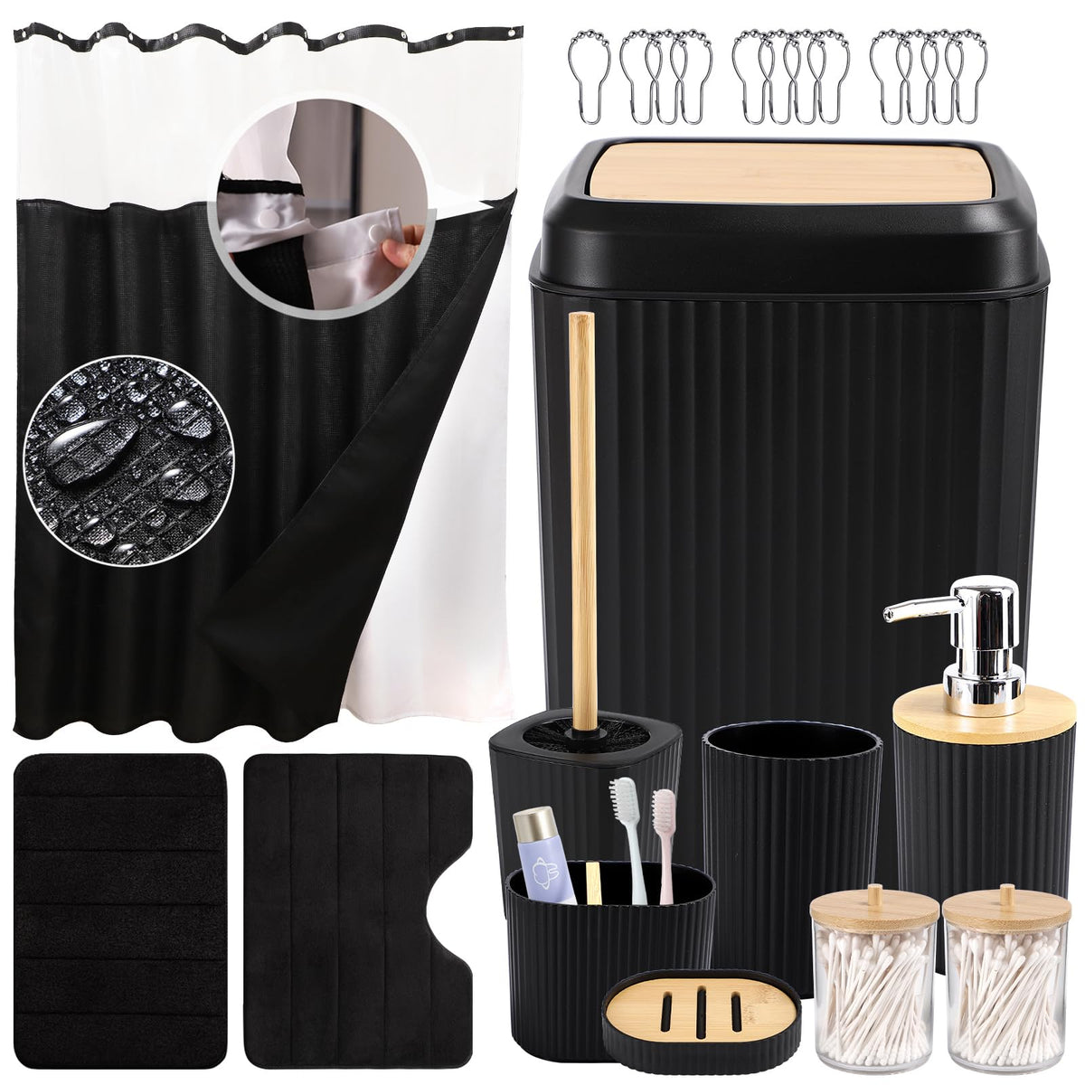 Complete Black Bathroom Accessories Set - Waffle Shower Curtain With Liner, Velvet Memory Foam Bath Rug, Trash Can, Toilet Brush