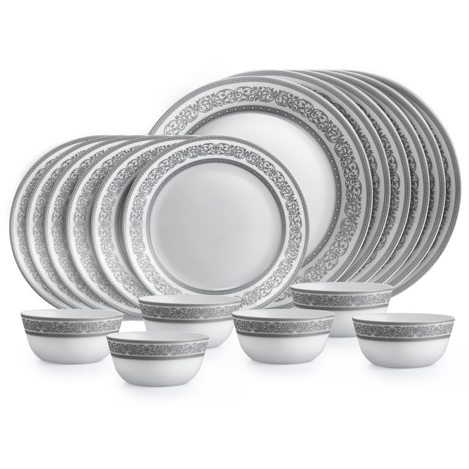 Cello Opalware Solitaire Series Argento 18-Piece Dinner Set | Opal Glass Crockery For 6 | Bone Ash-Free | Lightweight, Elegant W
