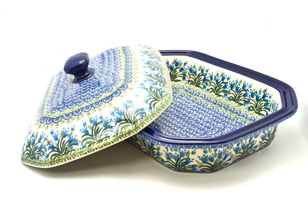 Polish Pottery Baker  Rectangular Covered  Large  Blue Bells