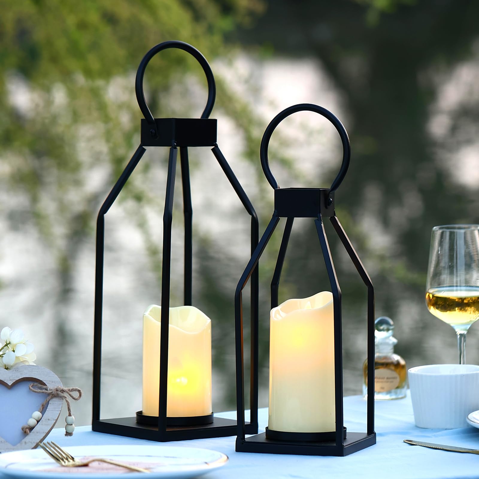 PHOSPHOR Modern Farmhouse Decor Lanterrn Set of 2 Black Metal Candle Holder for Indoor Outdoor Lanterns with Candles for Living