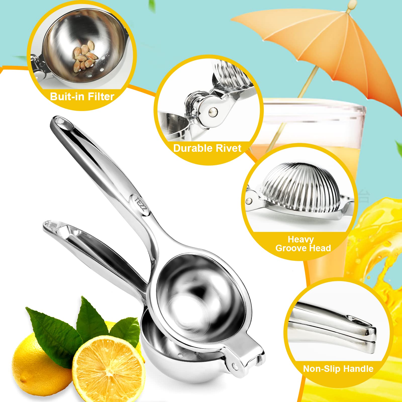 Tezz Premium Lemon Squeezer, Large Heavy Duty Handhelp Juicer For Lemon, Stainless Steel Hand Press Citrus Juicer, Lime Squeezer