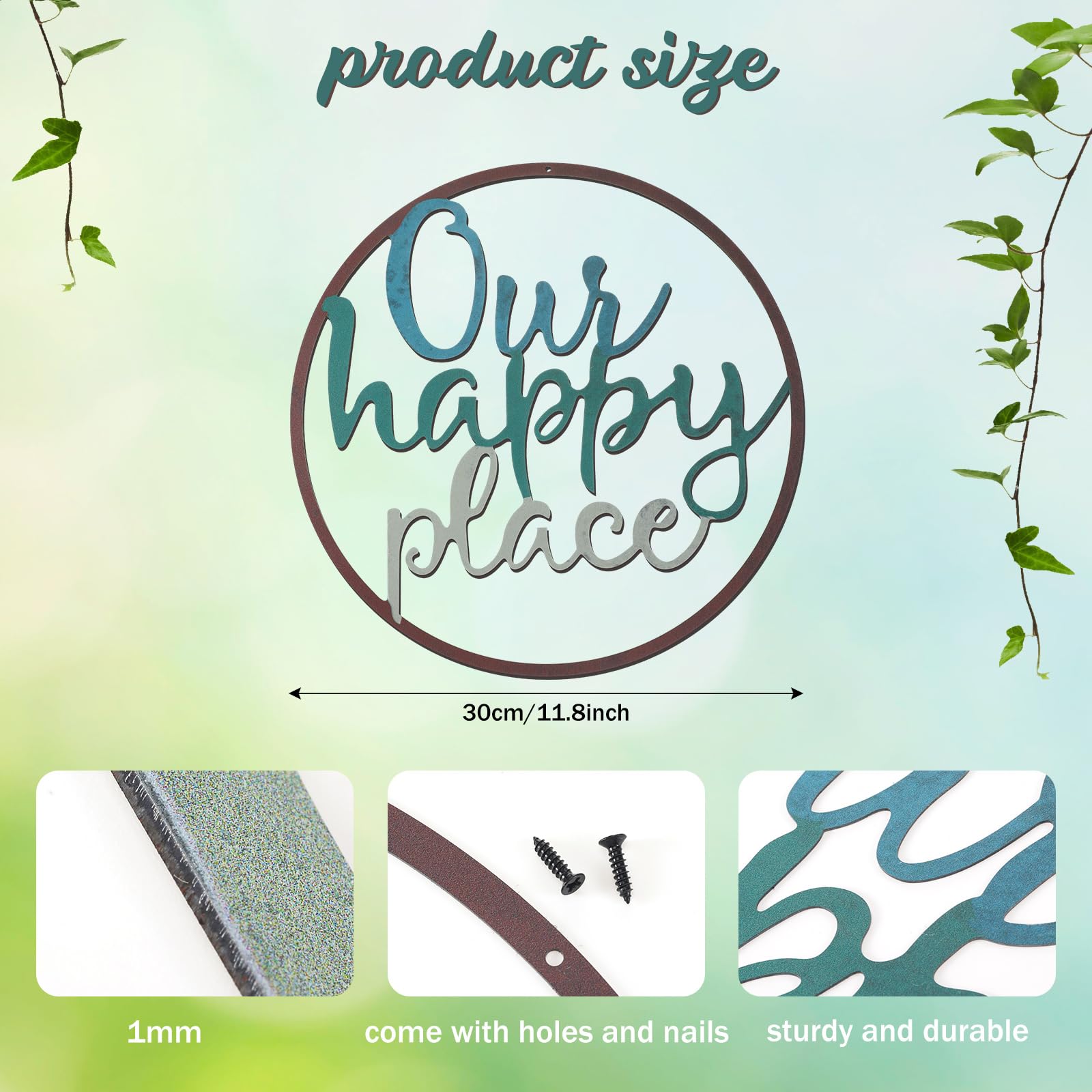 Hotop Our Happy Place Metal Wall Sign Metal Hanging Art Outdoor Plaque Wall Decor Lettering Home Sign for Home Living Room, Bedr