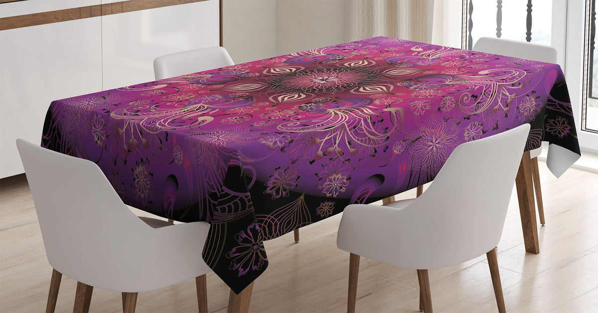 Ambesonne Purple Tablecloth, Eastern Style Round Floral Frame With Vivid Moving Branches Bohemian Art Style, Rectangular Table C