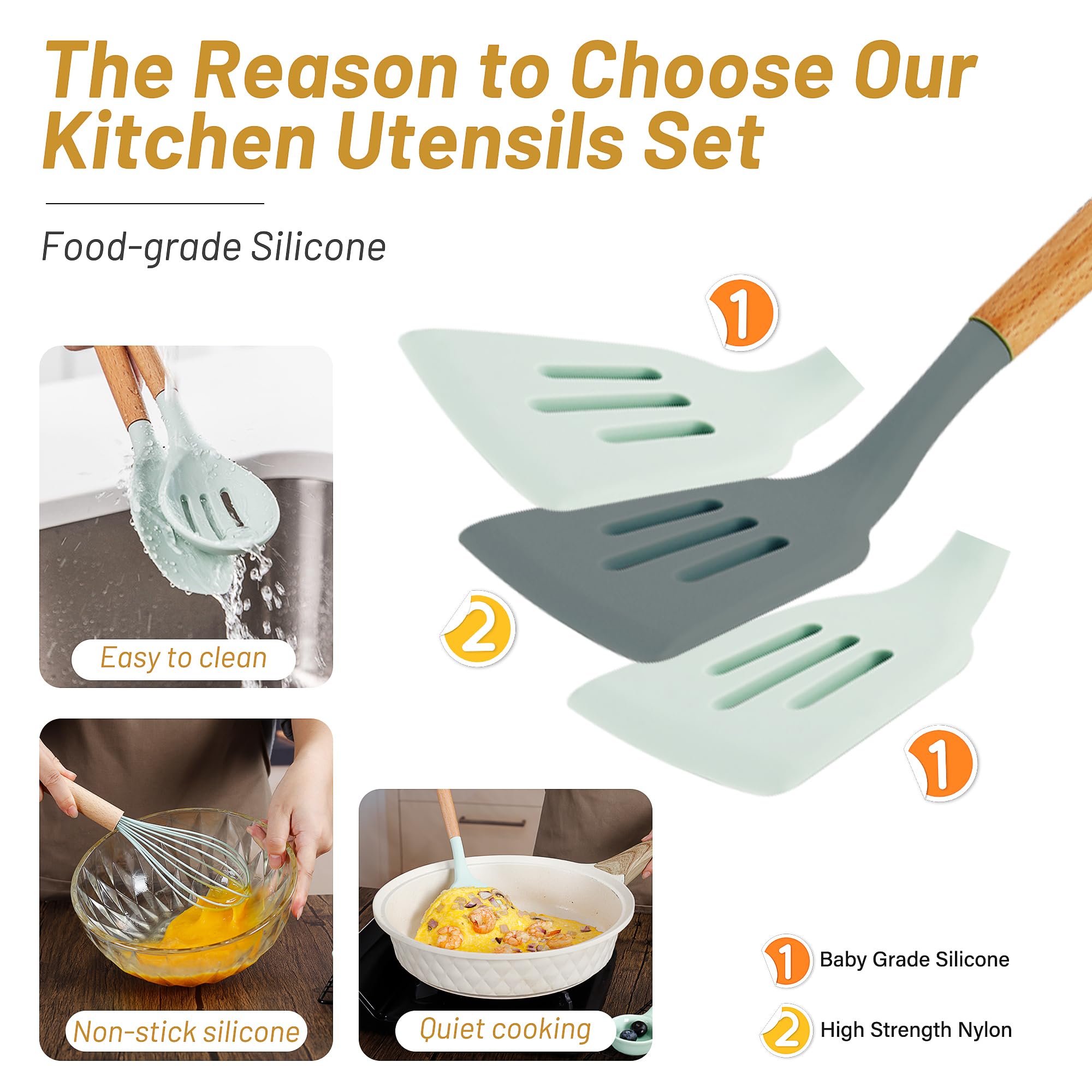 Qmvess Silicone Kitchen Utensils Set, 35 Pcs Non-Stick Cooking Utensils Set, Sturdy Insulation Wooden Handle Kitchen Accessories